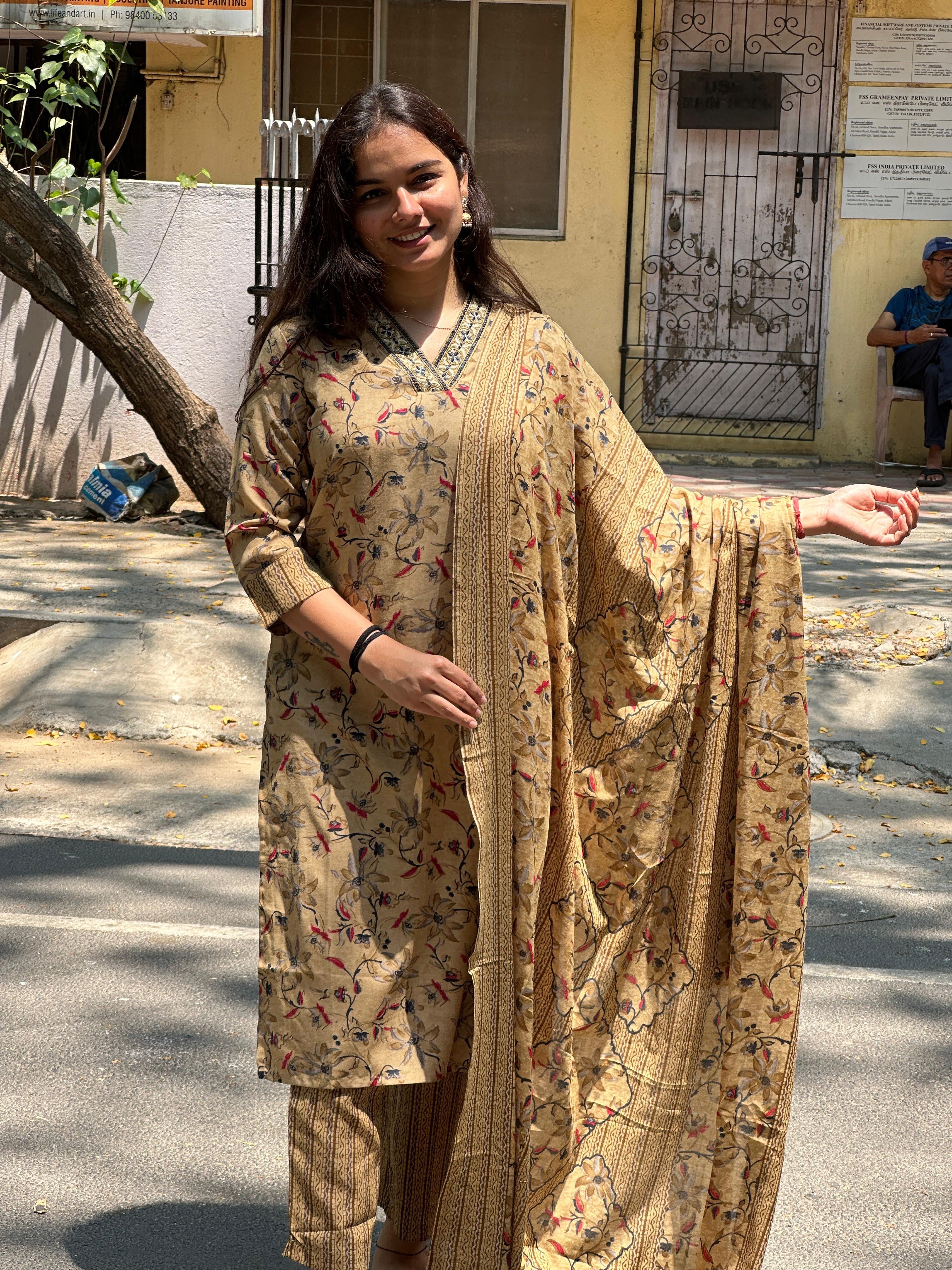 Mustard Beige Floral Printed Straight Kurti Set with Dupatta