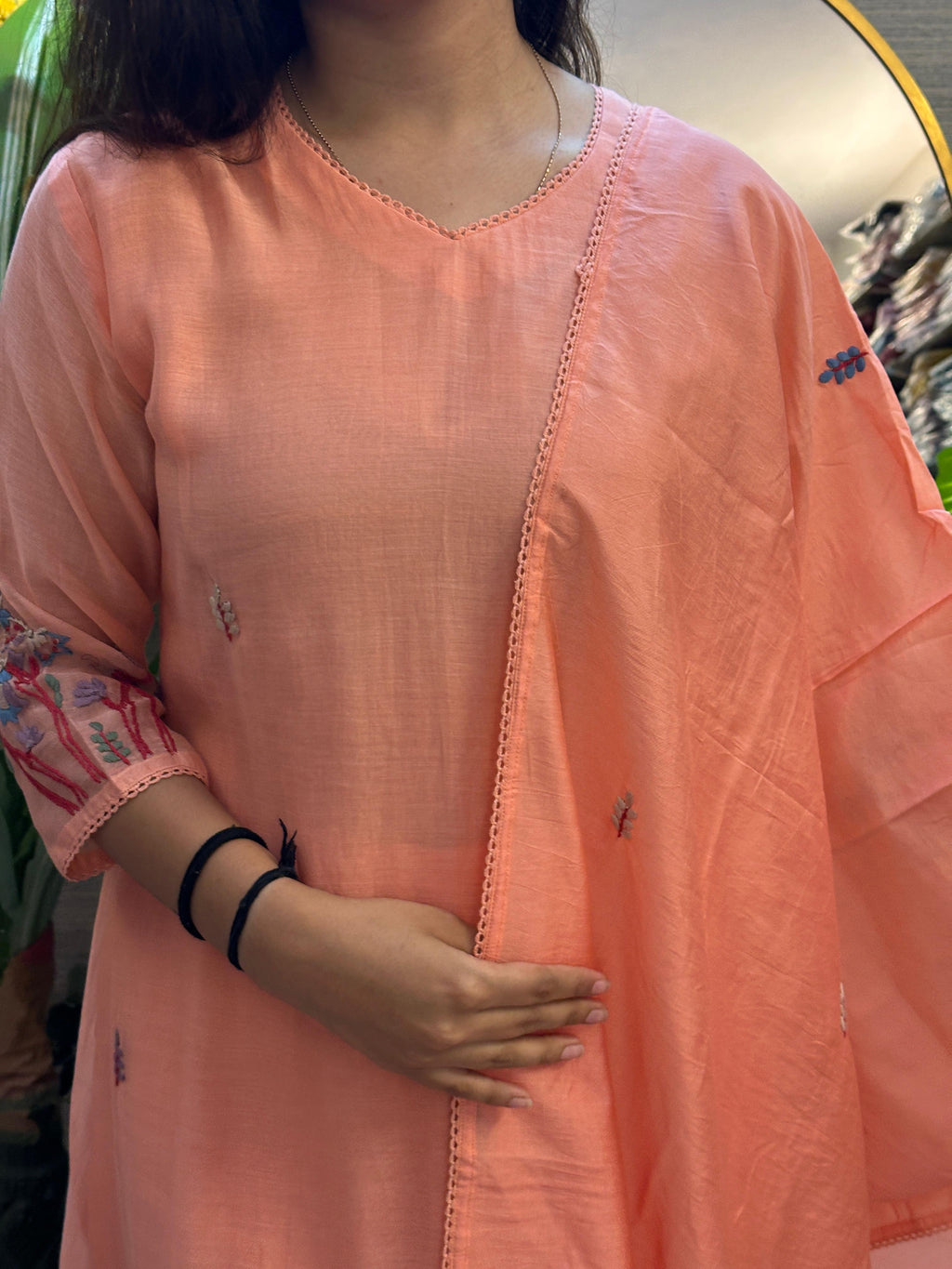 Peach Embroidered Straight Kurti Set with Dupatta