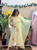 Mint Green Floral Embroidered Kurti Set with Organza Dupatta