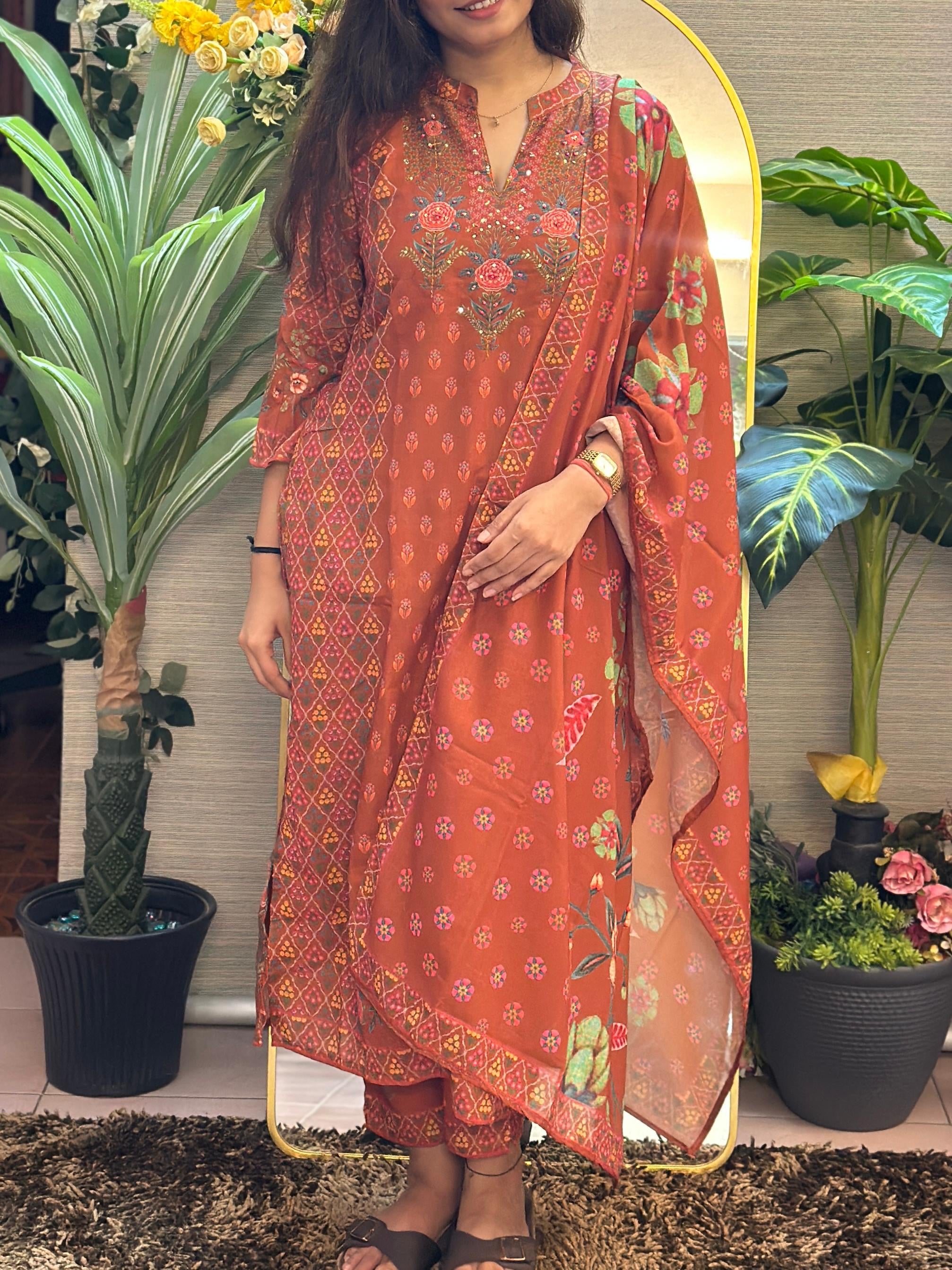 Rust Garden Printed Co-ord Suit Set with Dupatta