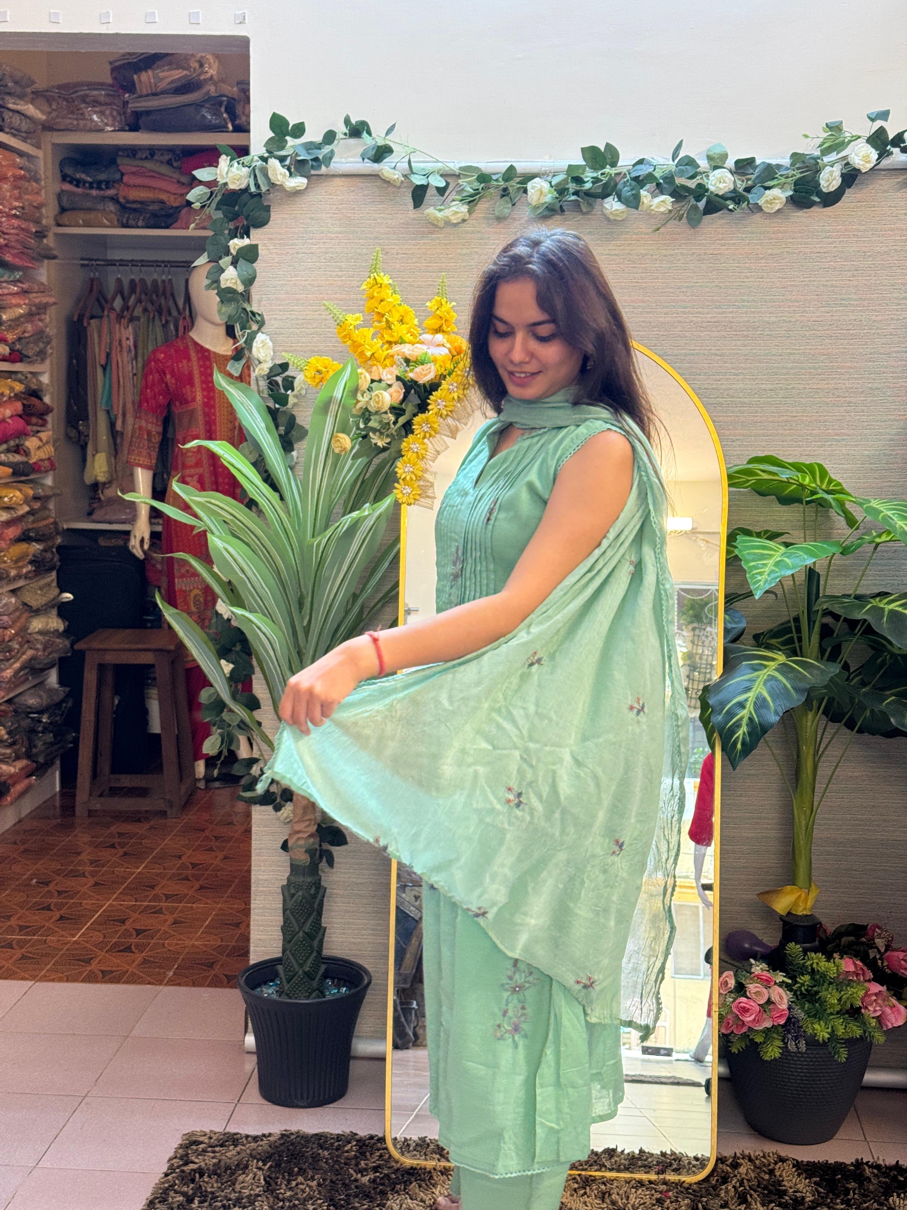 Mint Green Embroidered Anarkali Set with Inner Sleeves & Dupatta