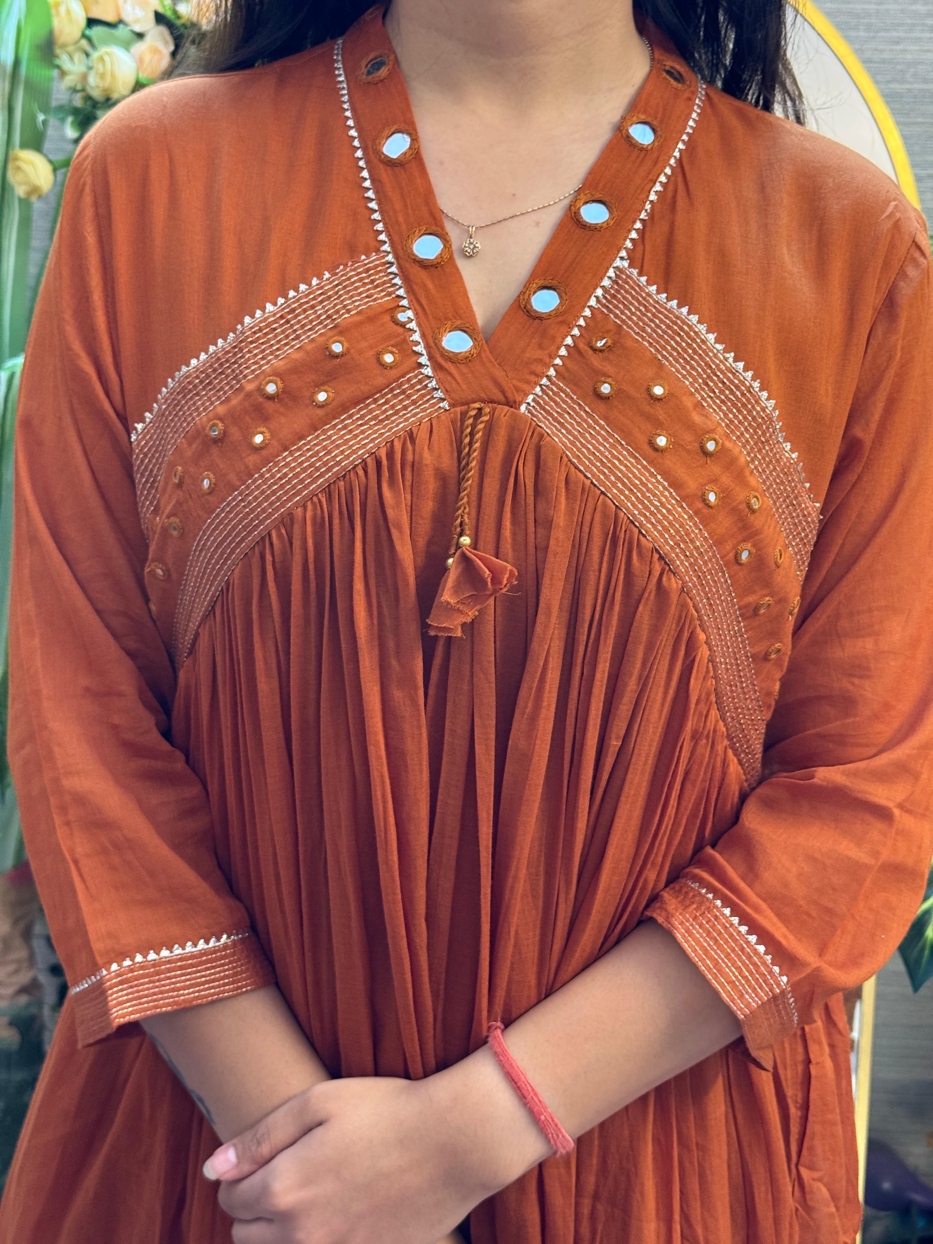 Rust Orange Gathered Kurti Set with Mirror Detailing & Dupatta