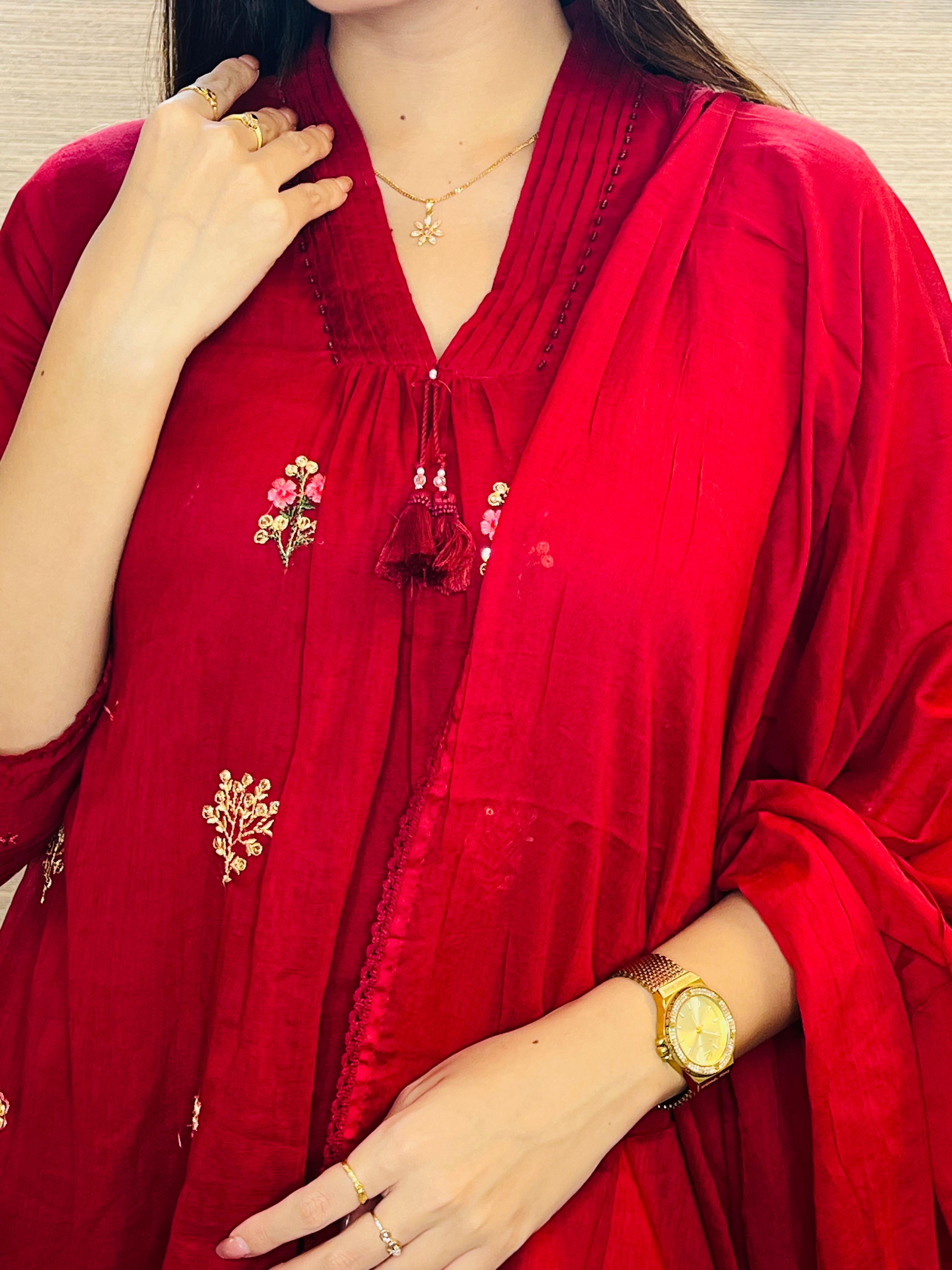 Anaya Sivappu Mul Chanderi Silk Suit Set