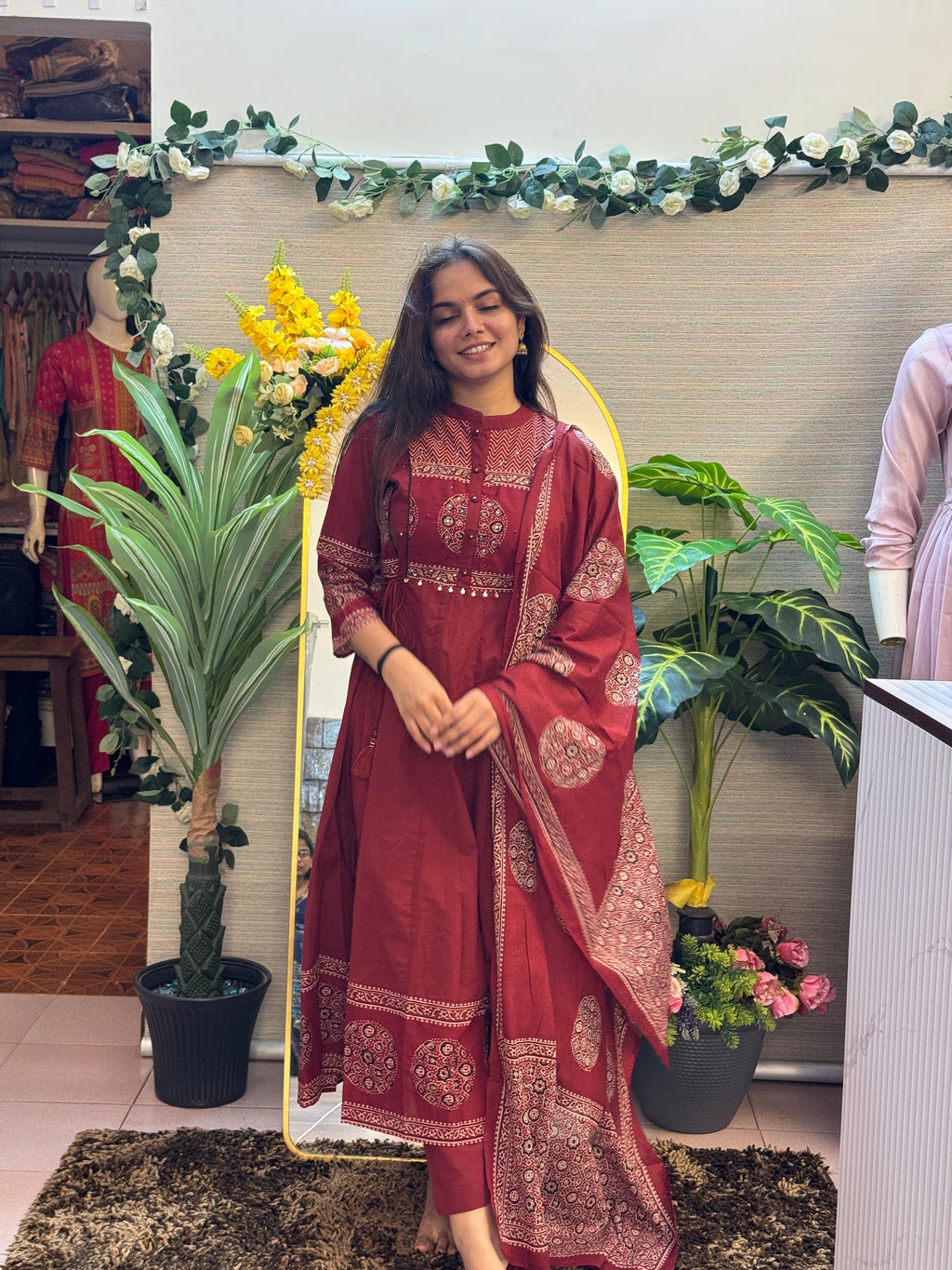 Maroon Printed Anarkali Kurti Set with Traditional Motif Dupatta