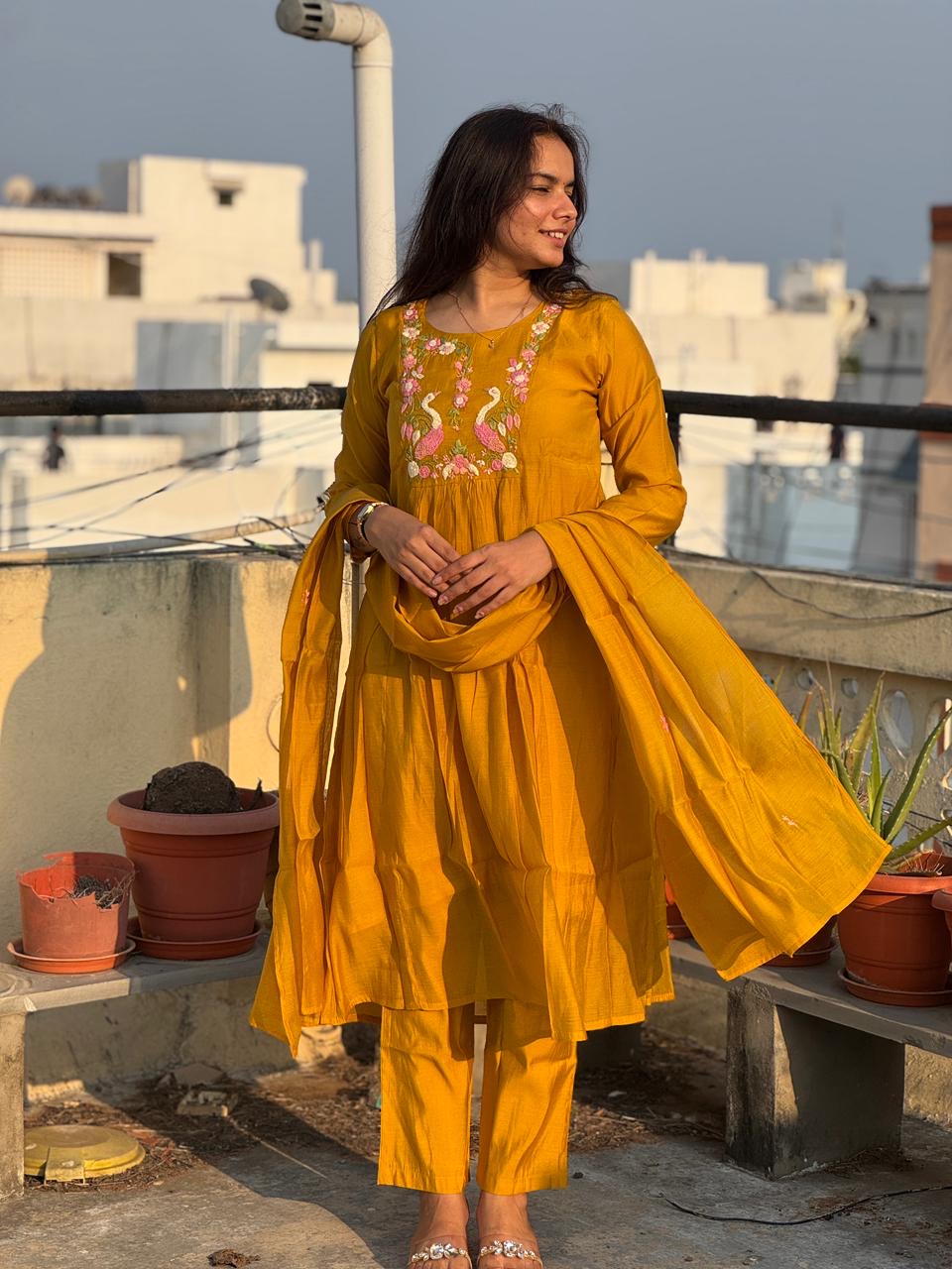 Mustard Bloom Embroidered Anarkali Set with Dupatta