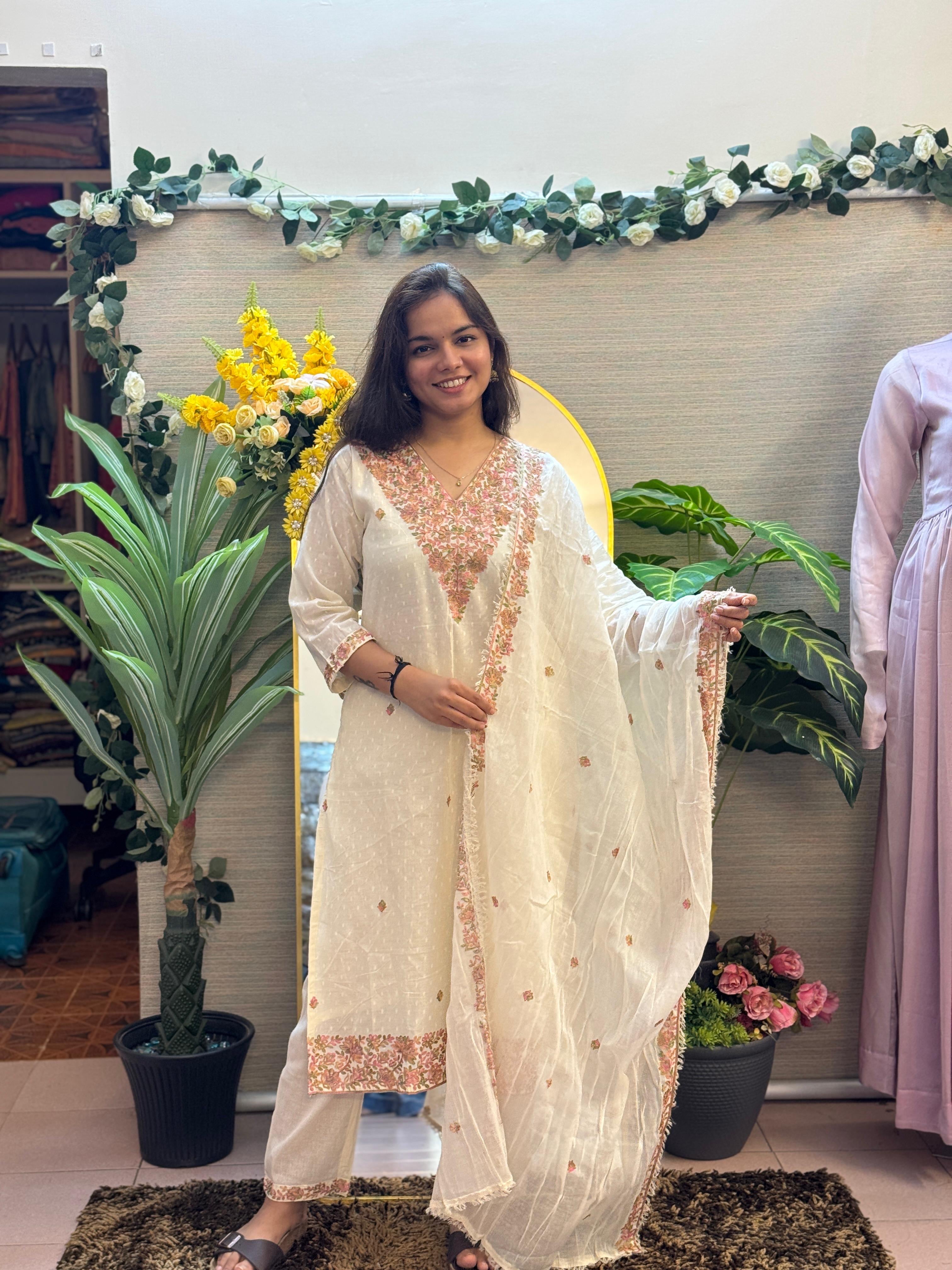 Ivory Blossom Embroidered Suit Set with Organza Dupatta