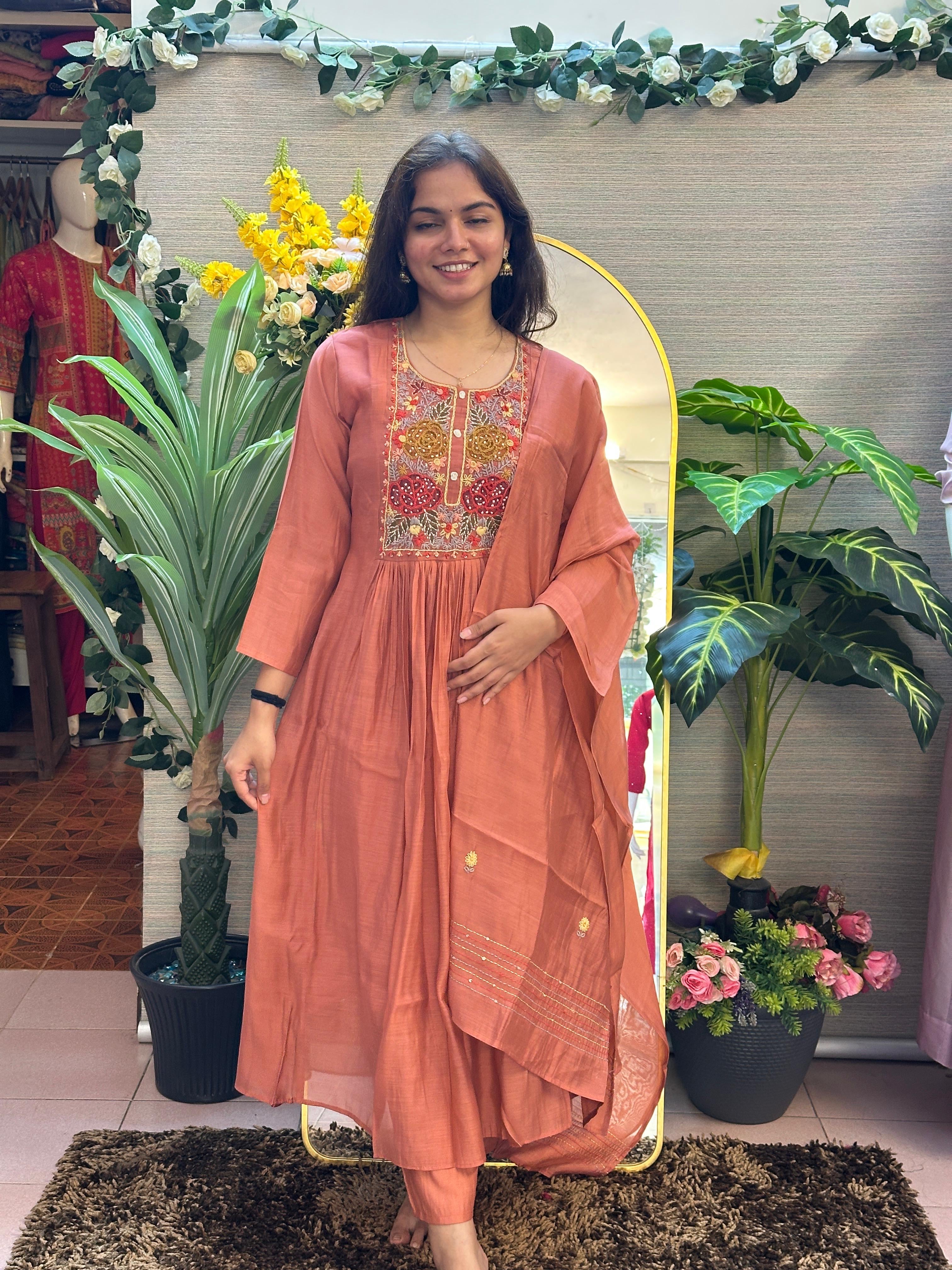 Rust Brown Embroidered Anarkali Kurti Set with Dupatta