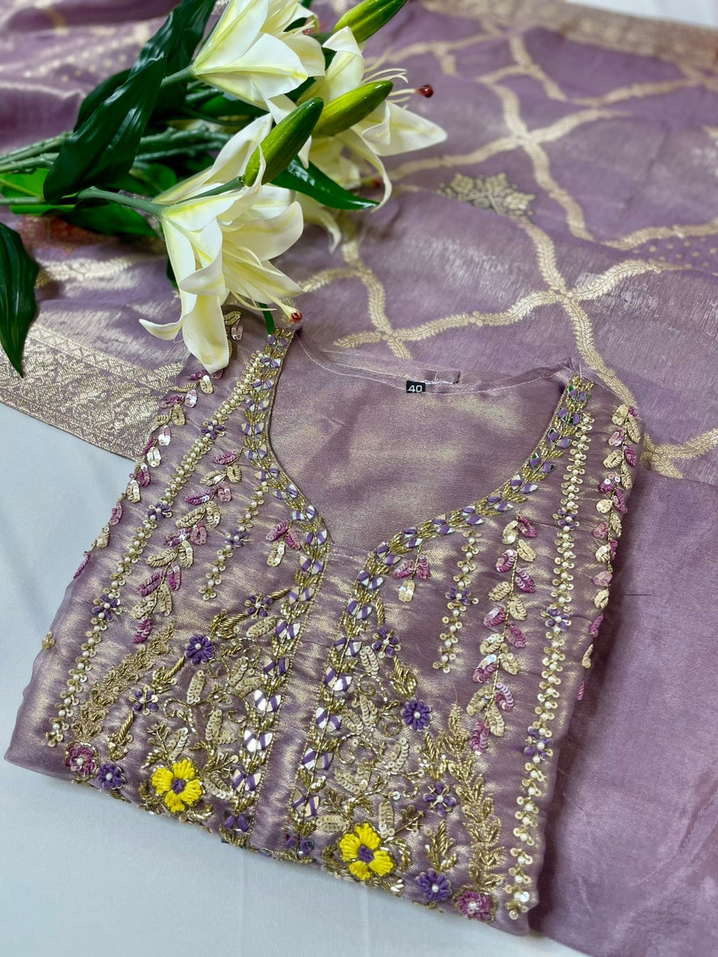 Lavender Zari Garden Suit Set