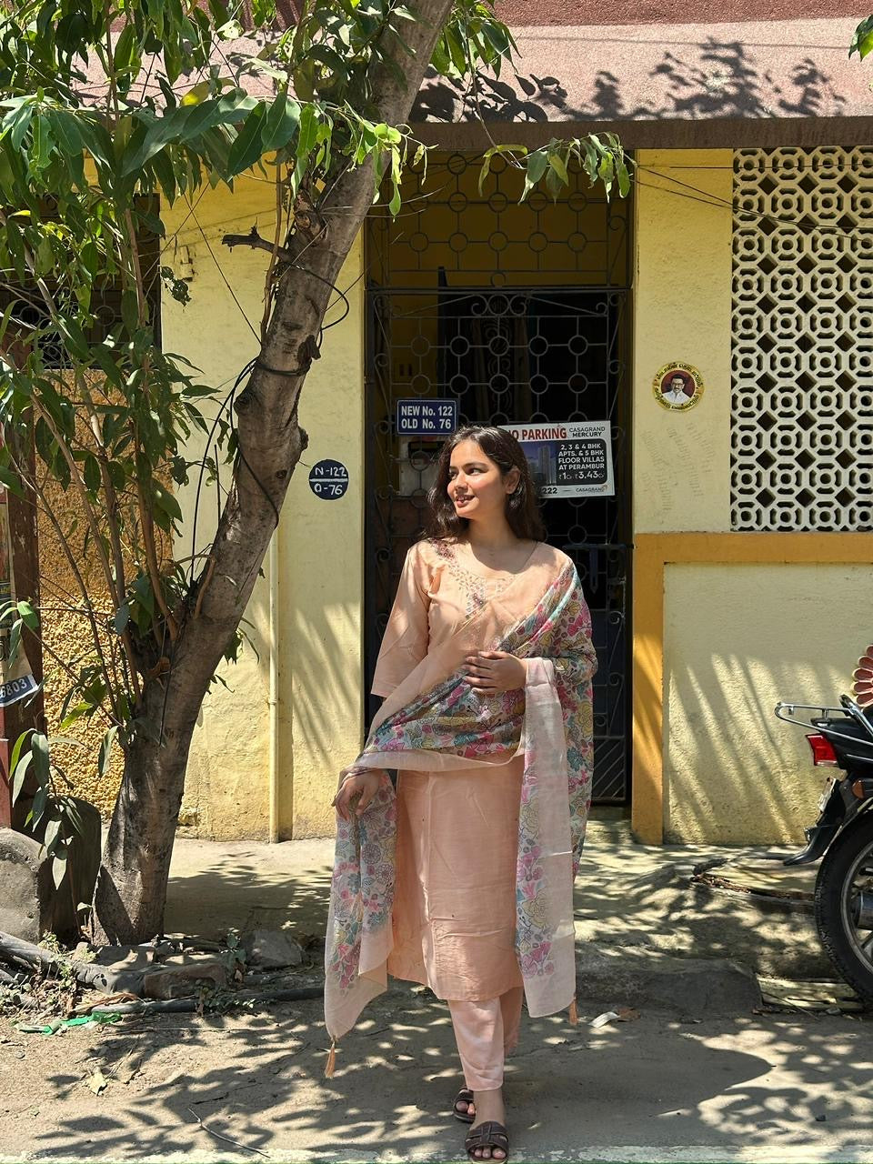 Blush Peach Embellished Kurti Set with Printed Dupatta
