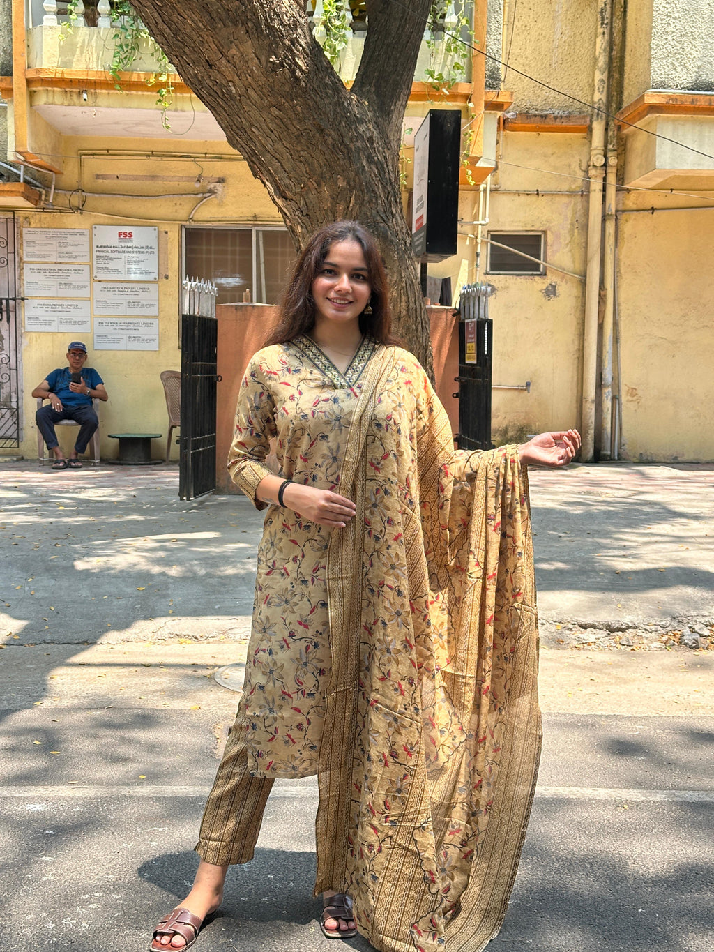 Mustard Beige Floral Printed Straight Kurti Set with Dupatta