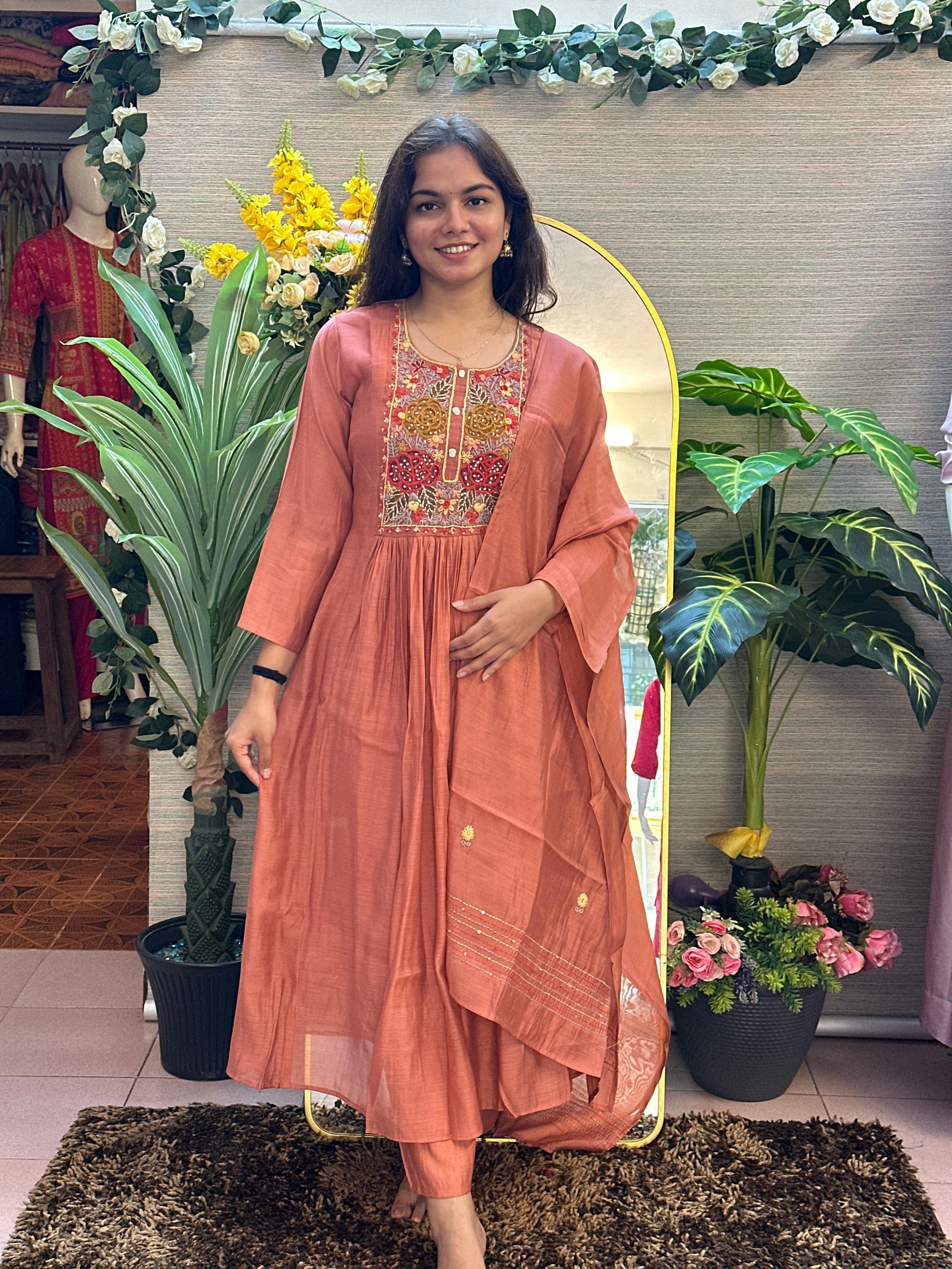 Rust Brown Embroidered Anarkali Kurti Set with Dupatta