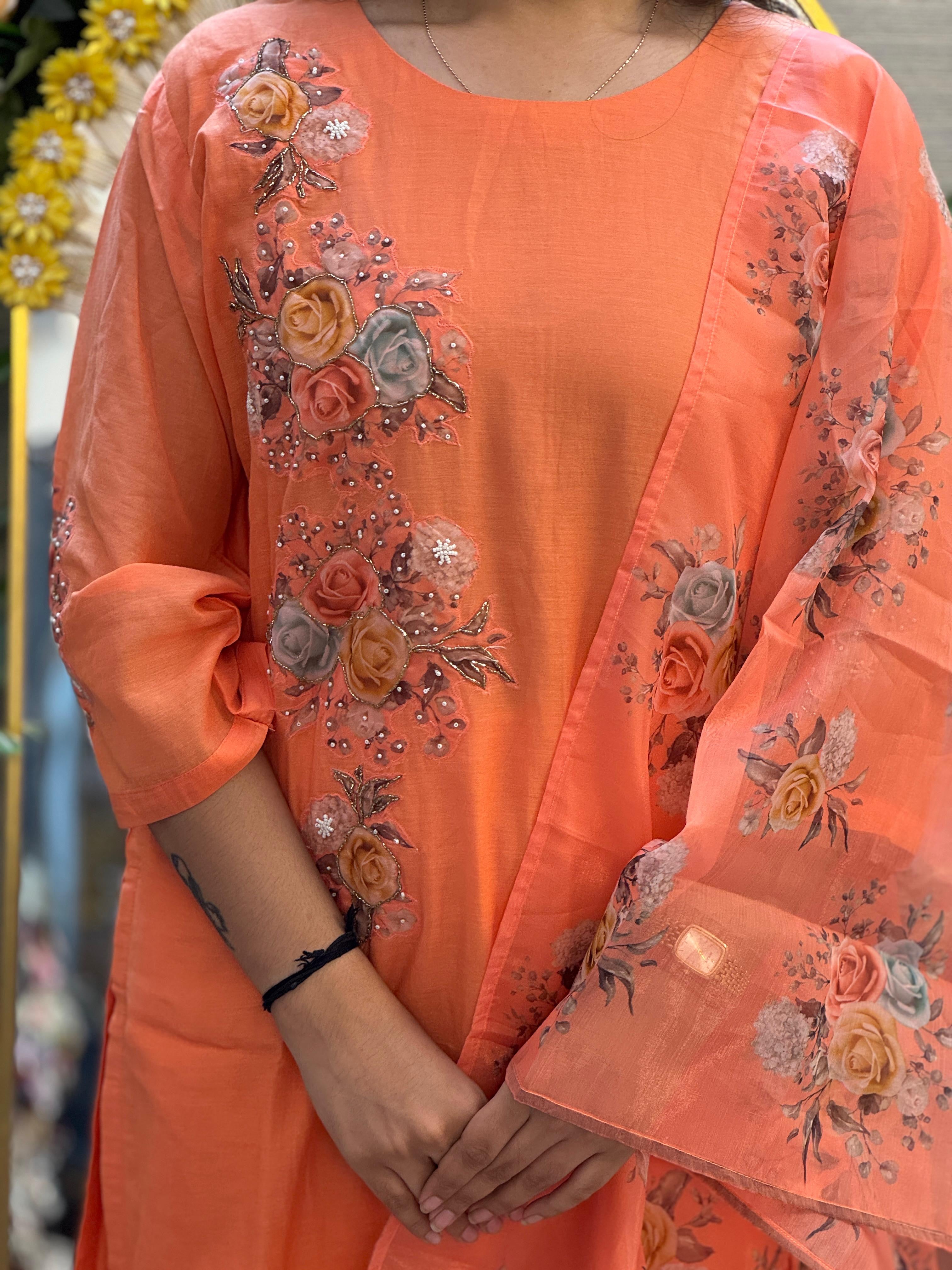 Peach Blossom Floral Suit Set with Printed Organza Dupatta