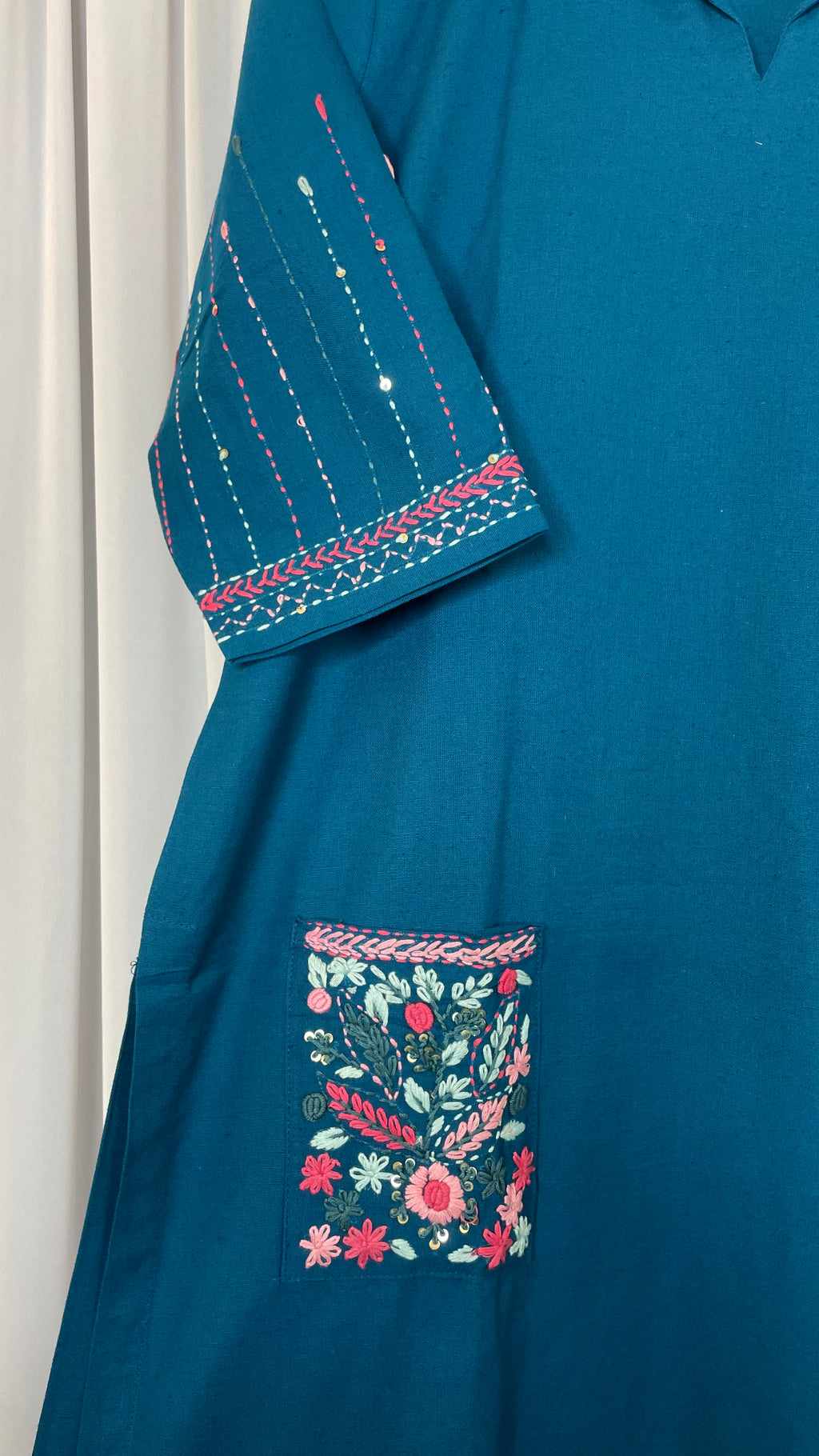 Teal Bloom Pocket Kurta