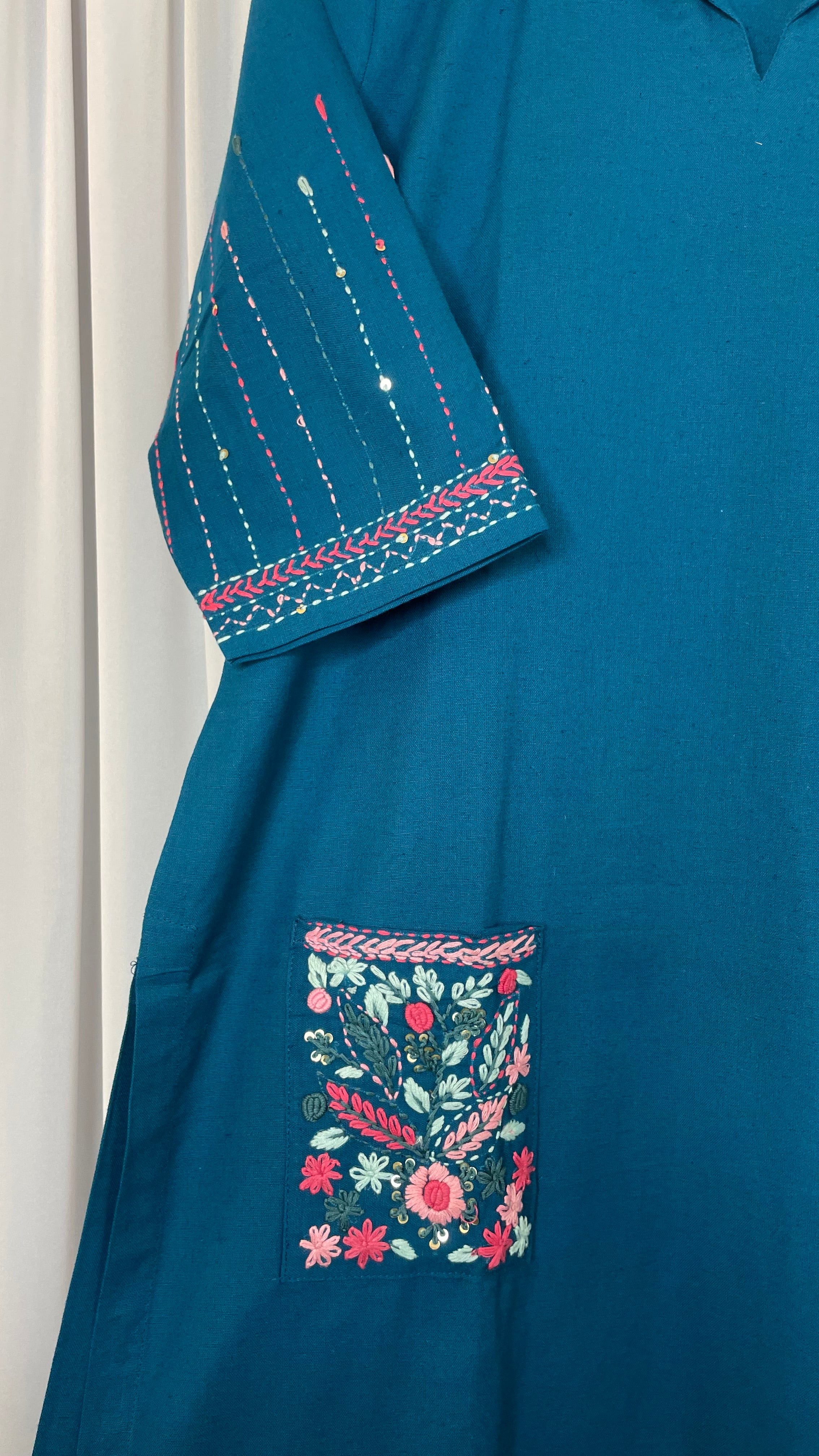Teal Bloom Pocket Kurta