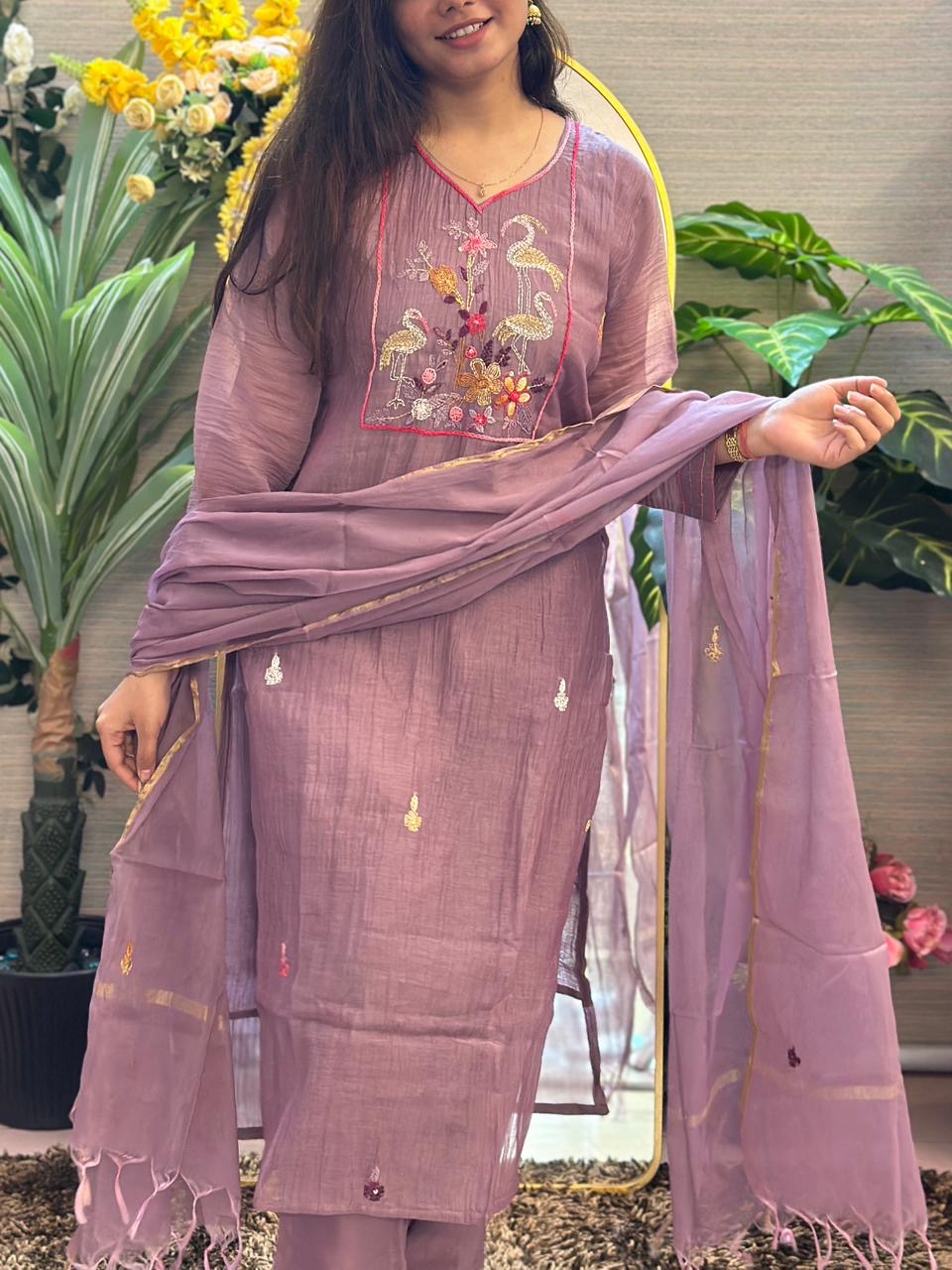 Lavender Grace Embroidered Suit Set with Tissue Dupatta