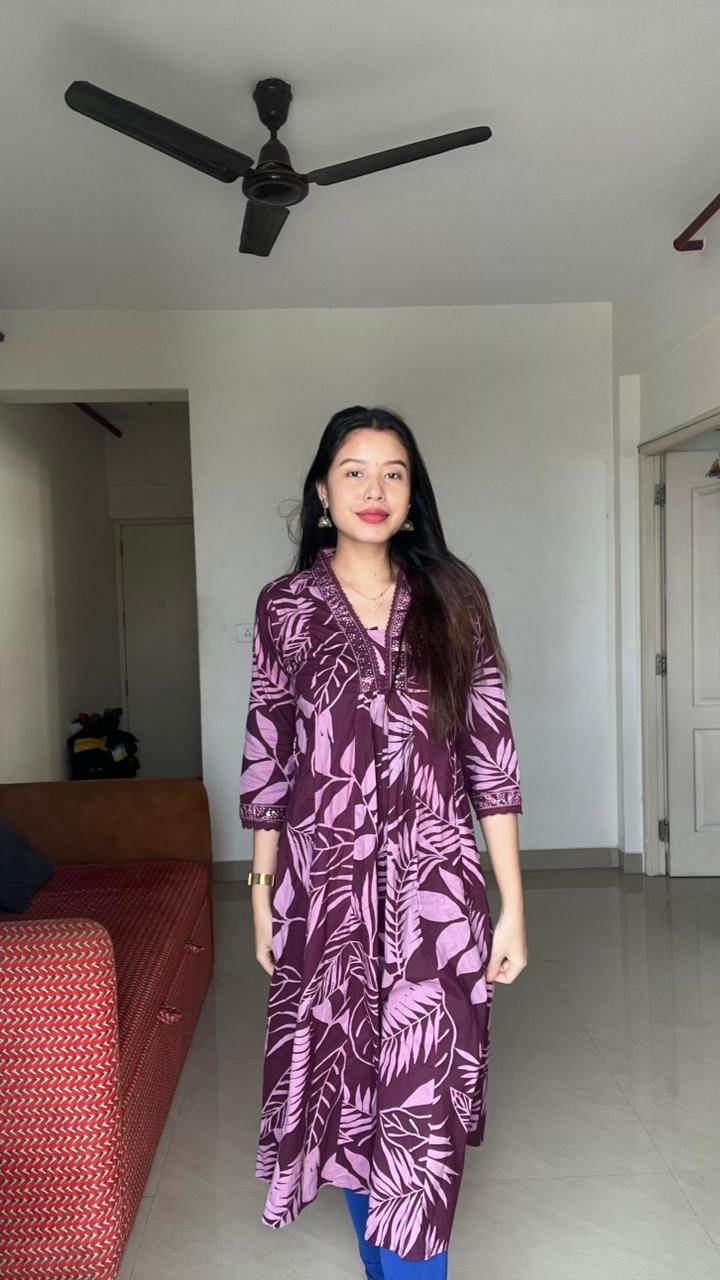 Elegant leaf print A-line Kurti