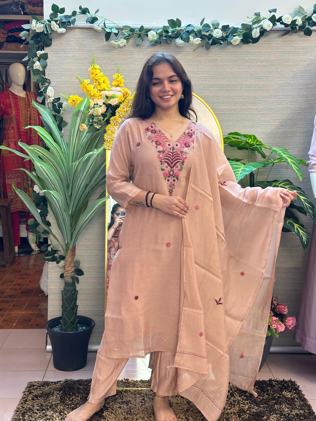 Blush Beige Embroidered Kurti Set with Dupatta