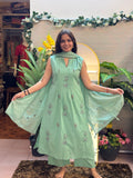 Mint Green Embroidered Anarkali Set with Inner Sleeves & Dupatta