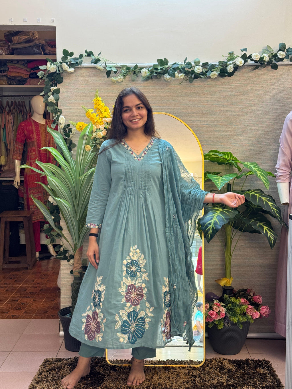 Dusty Teal Floral Embroidered Anarkali Set with Dupatta