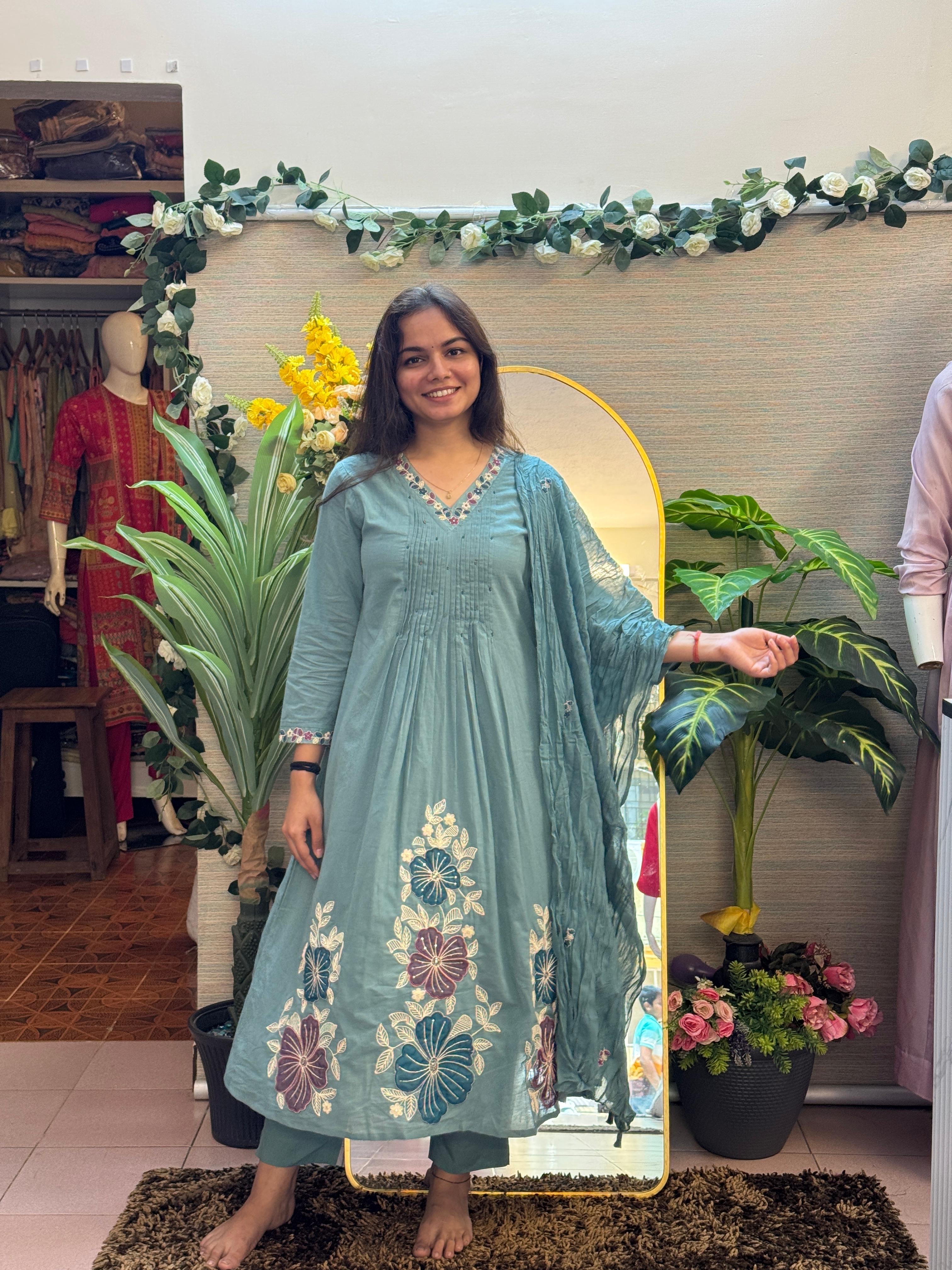 Dusty Teal Floral Embroidered Anarkali Set with Dupatta
