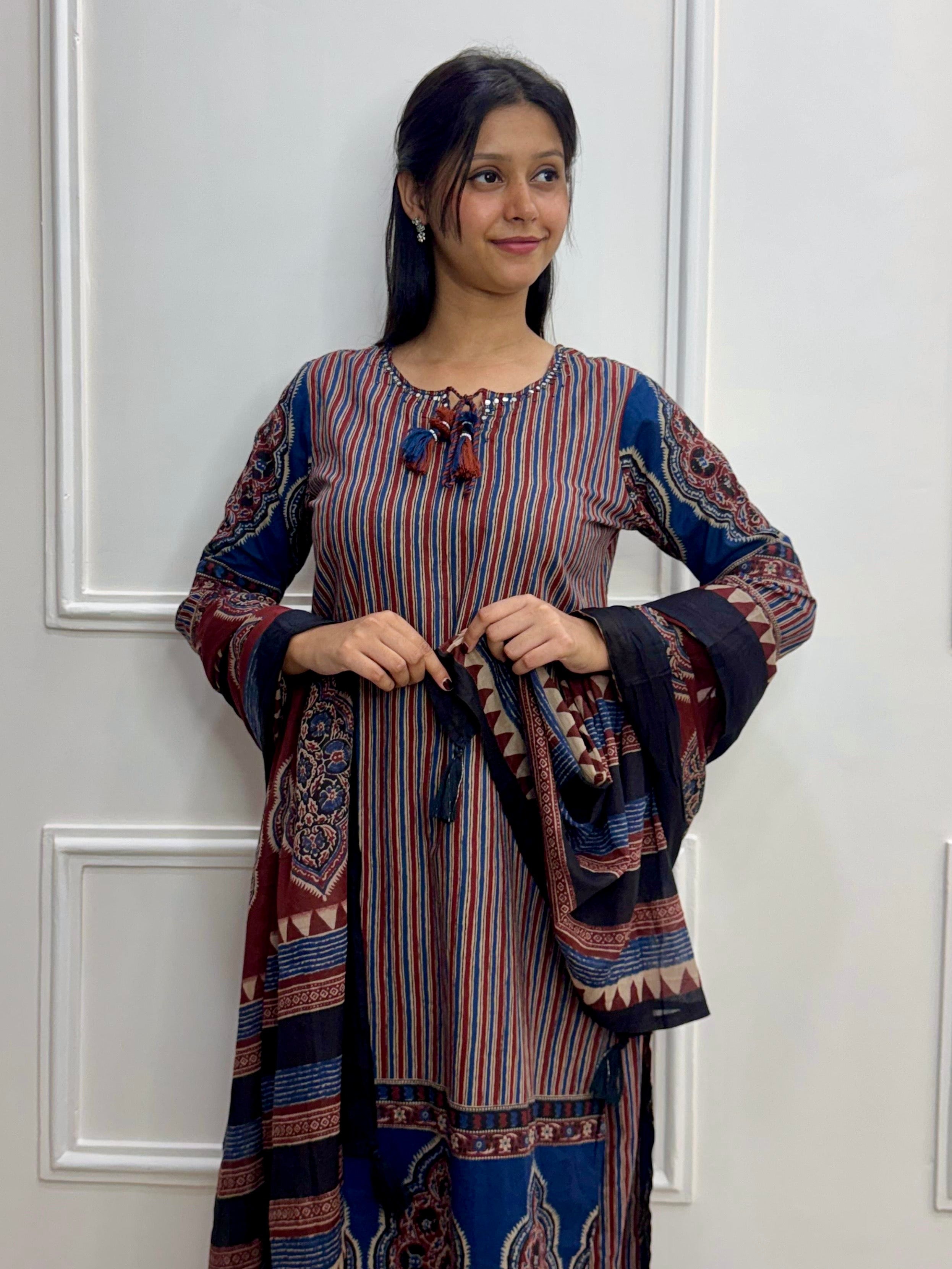 Heritage Charm Striped Cotton Kurti Set