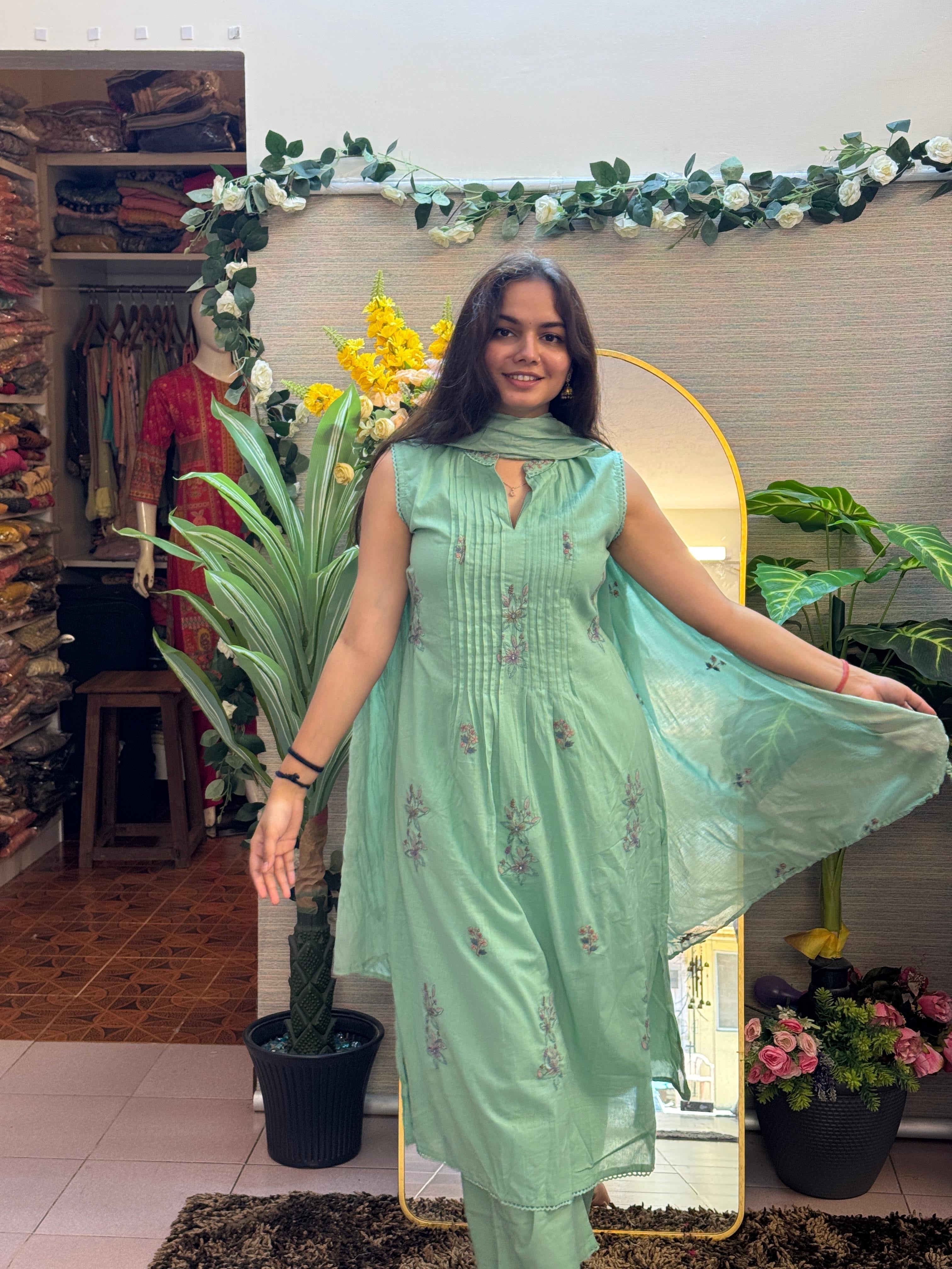 Mint Green Embroidered Anarkali Set with Inner Sleeves & Dupatta
