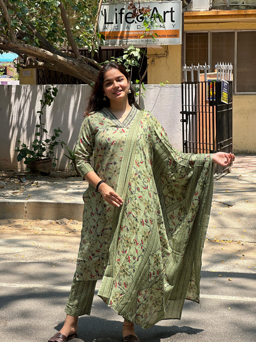 Olive Green Floral Printed Straight Kurti Set with Dupatta