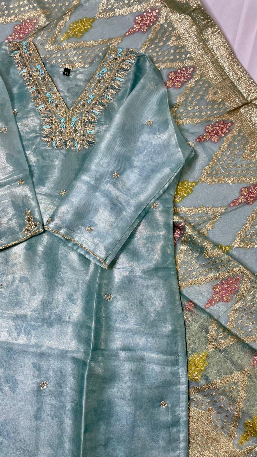 Teal Glass Tissue Silk Hand-Embroidered Suit Set