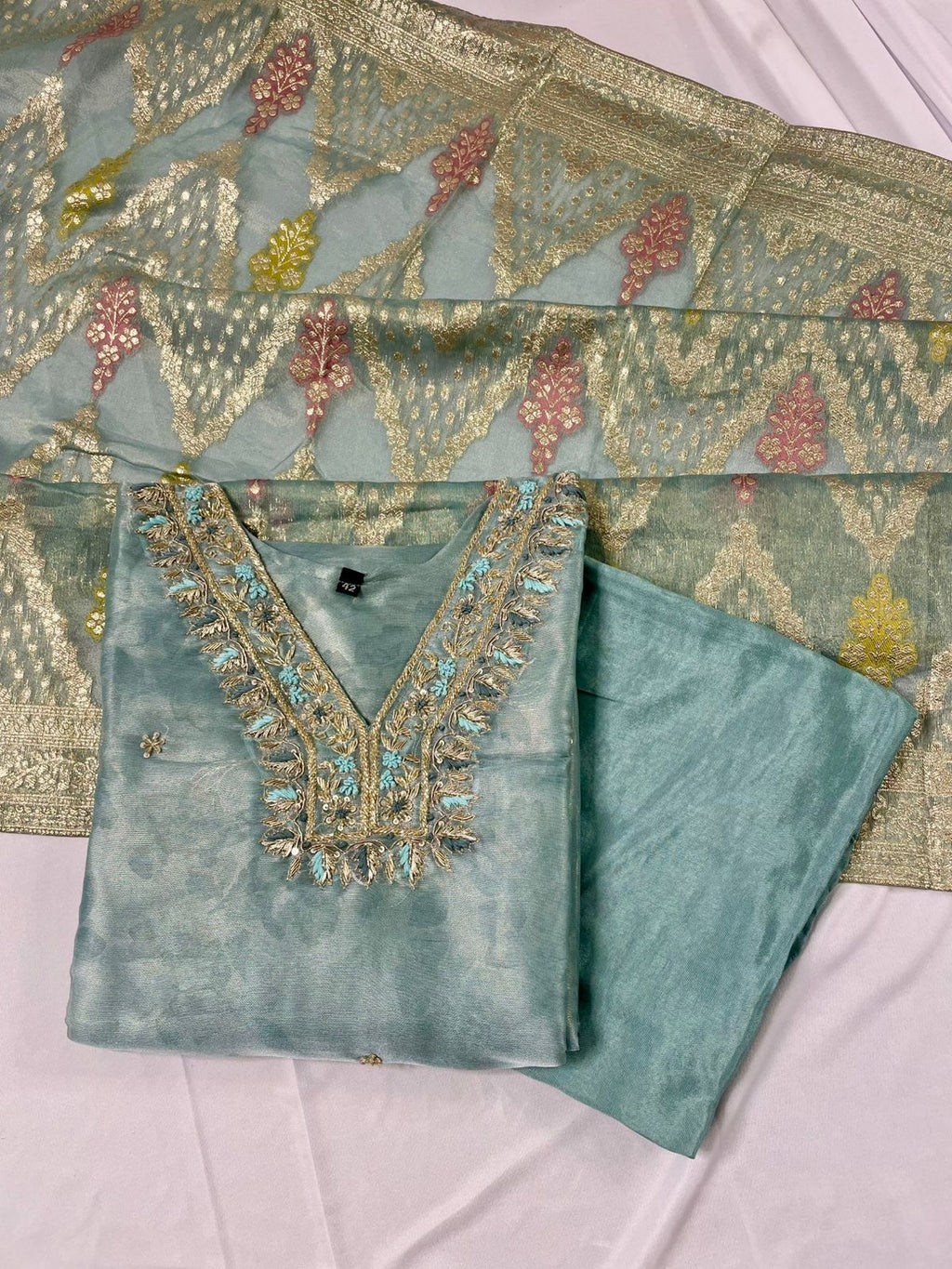 Teal Glass Tissue Silk Hand-Embroidered Suit Set
