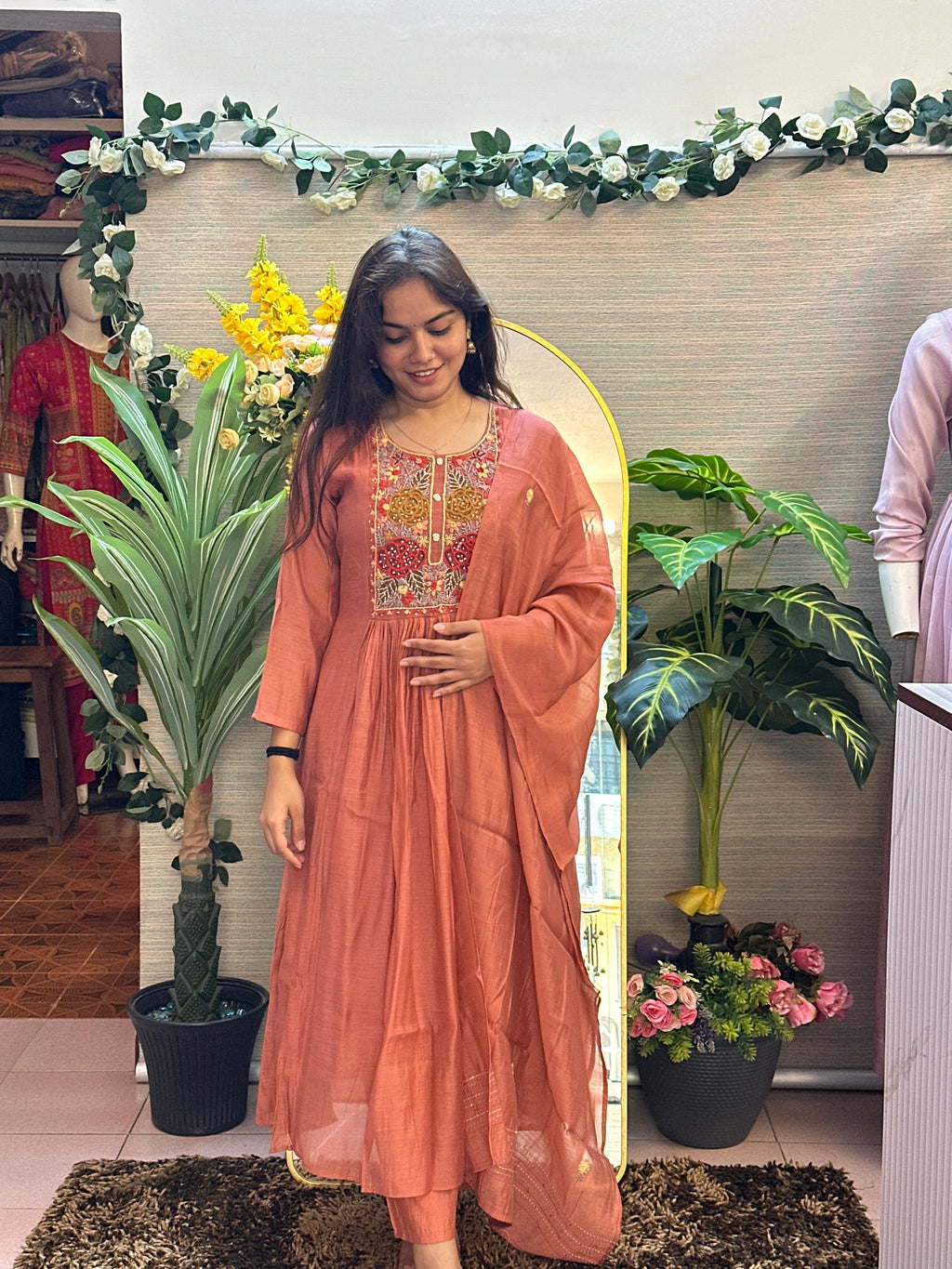 Rust Brown Embroidered Anarkali Kurti Set with Dupatta