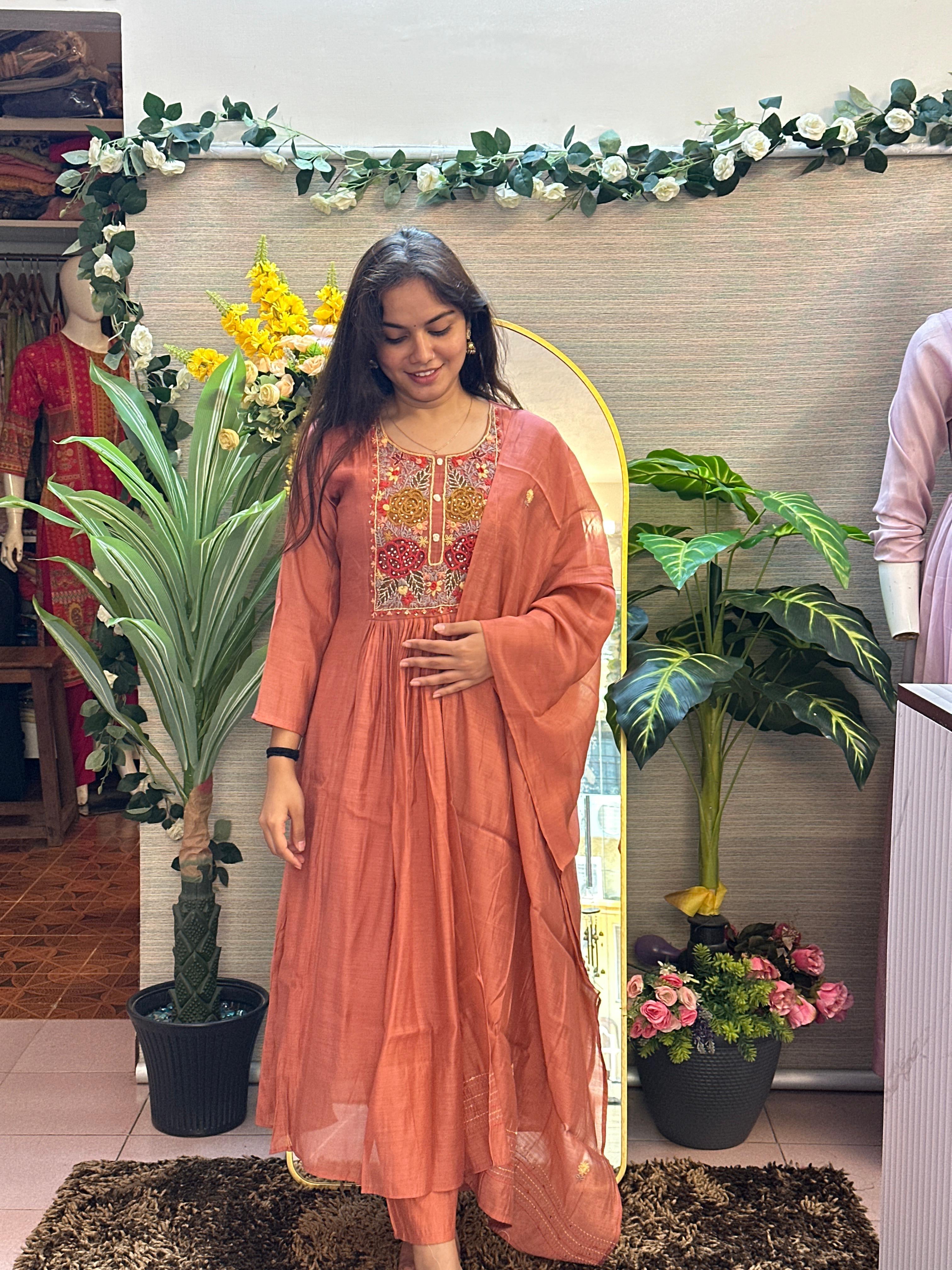 Rust Brown Embroidered Anarkali Kurti Set with Dupatta