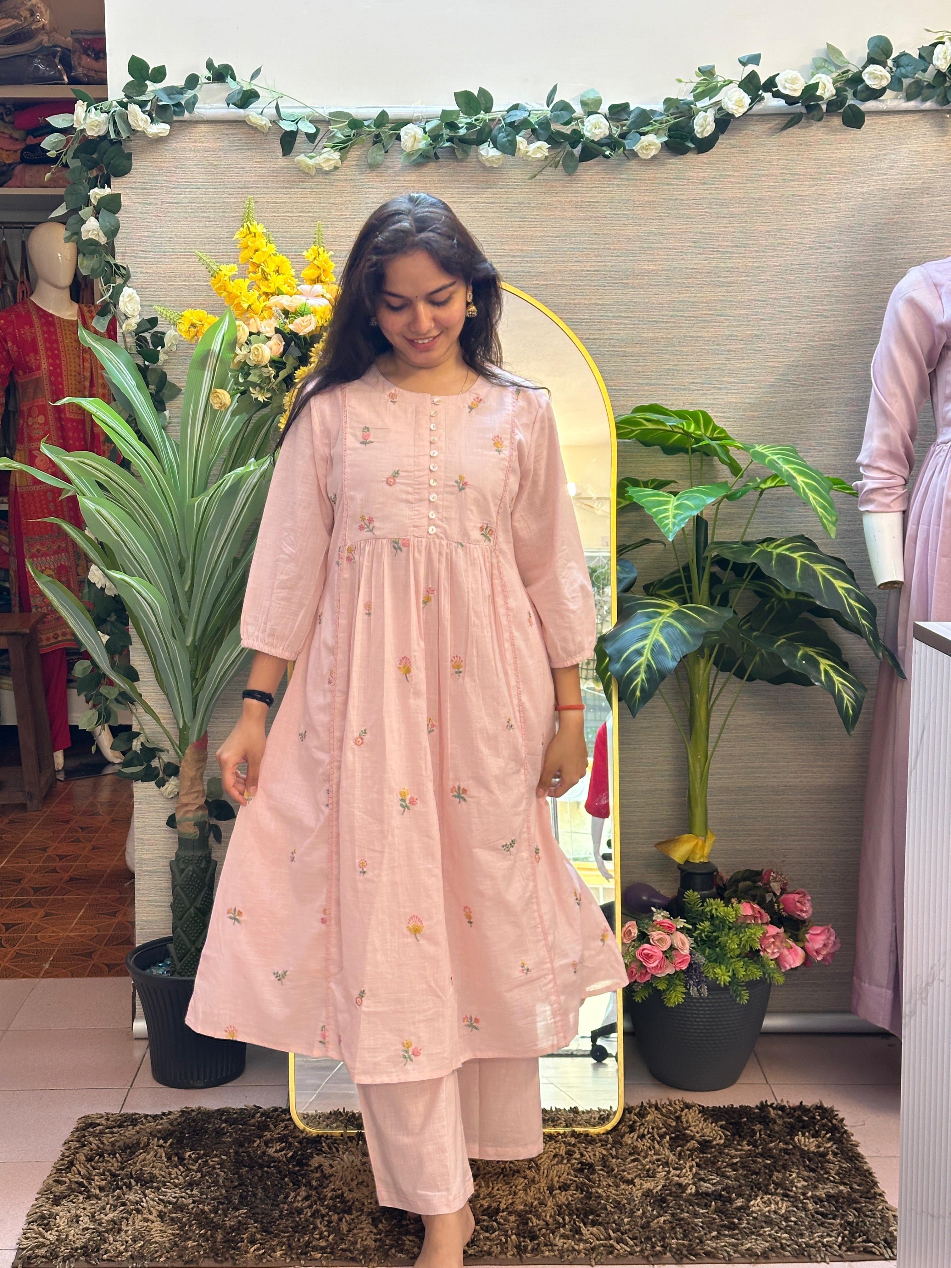 Blush Pink Floral Embroidered A-Line Kurti Set