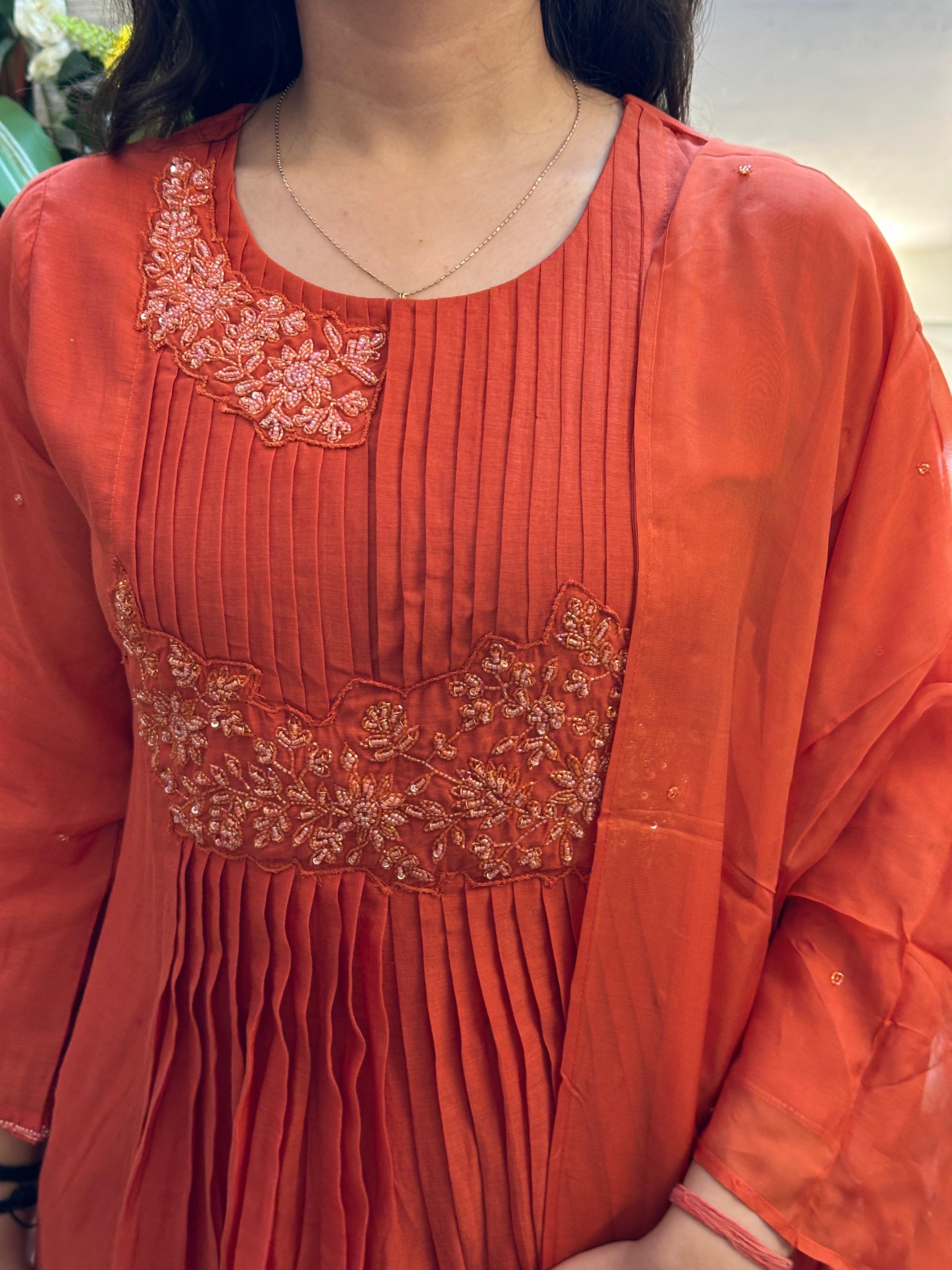 Rust Orange Embroidered Anarkali Kurti Set with Dupatta