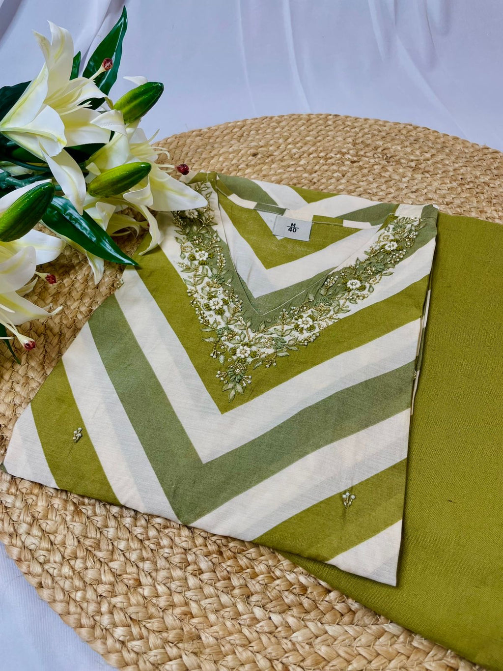 Green Modal silk handwork top and bottom set