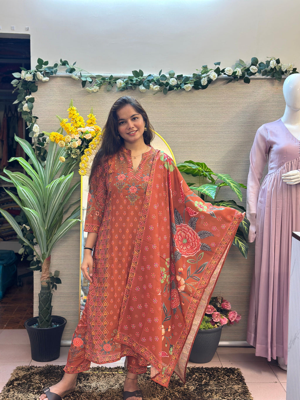 Rust Garden Printed Co-ord Suit Set with Dupatta