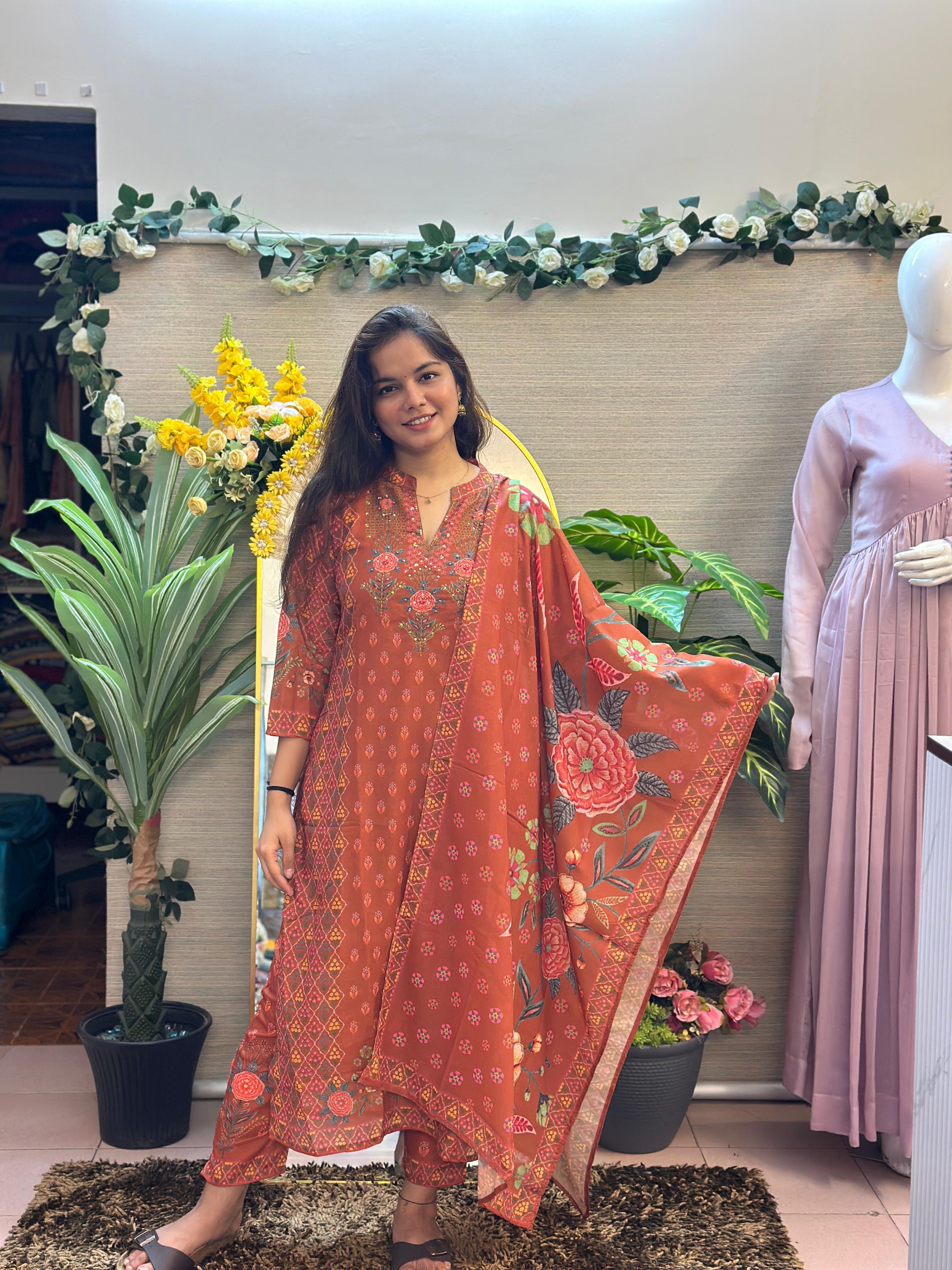 Rust Garden Printed Co-ord Suit Set with Dupatta