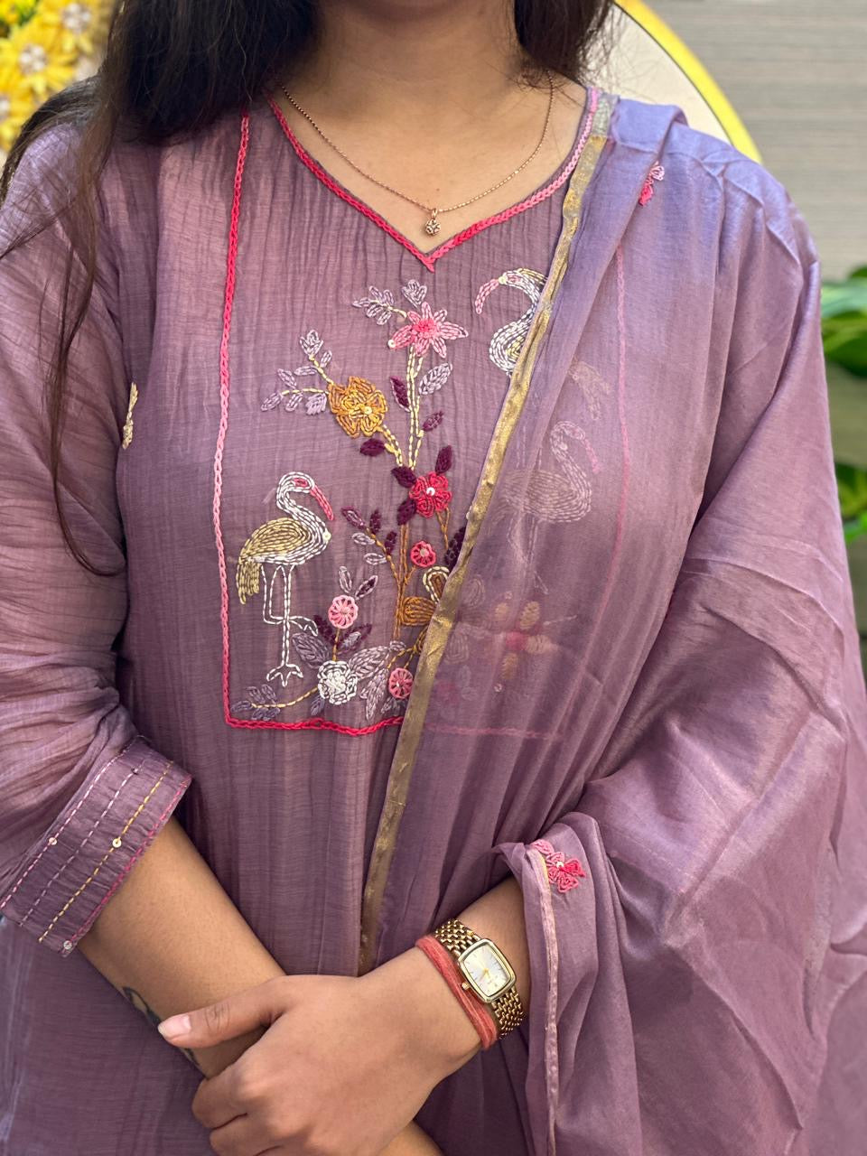 Lavender Grace Embroidered Suit Set with Tissue Dupatta
