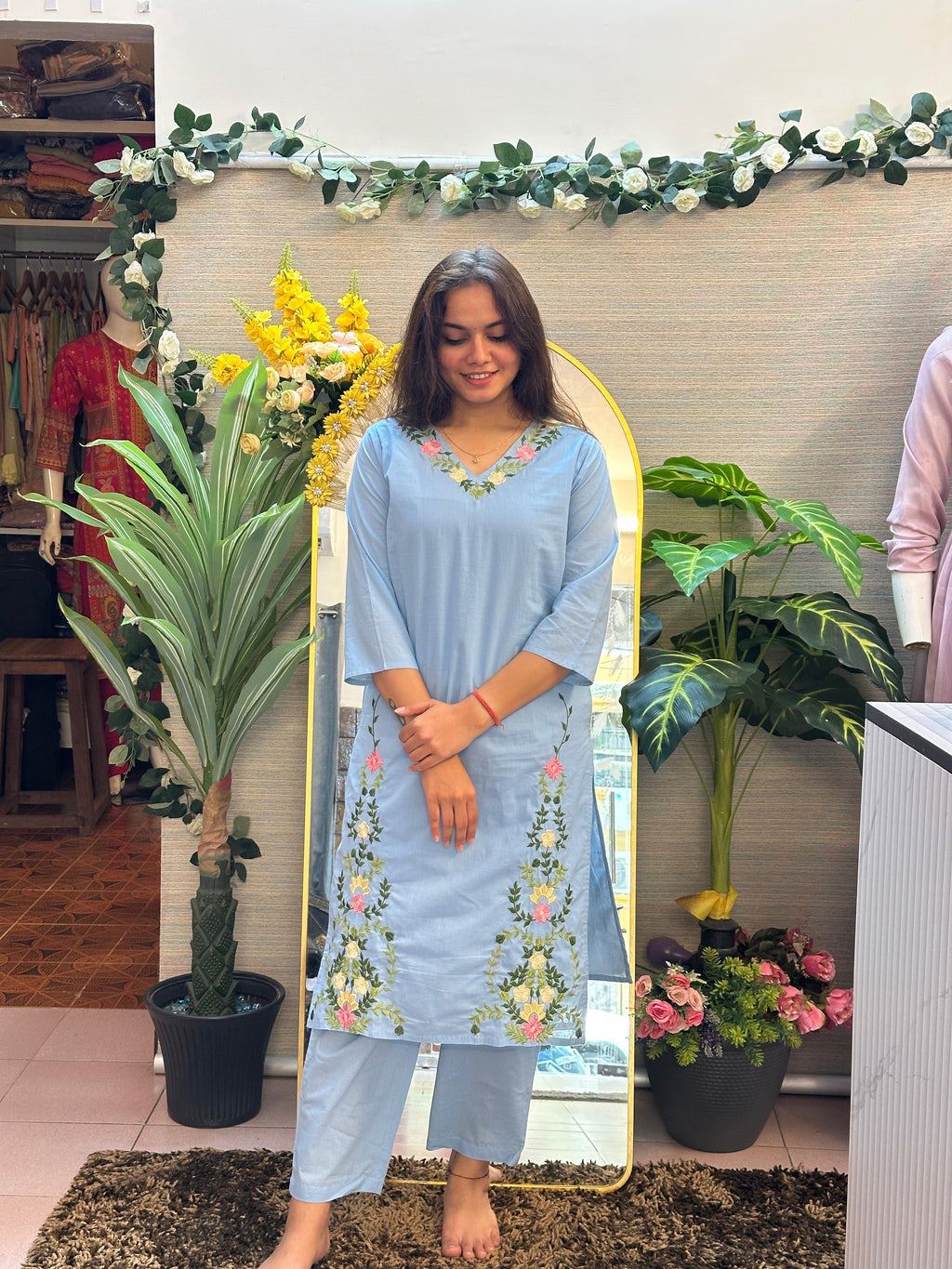 Powder Blue Floral Embroidered Kurti Set