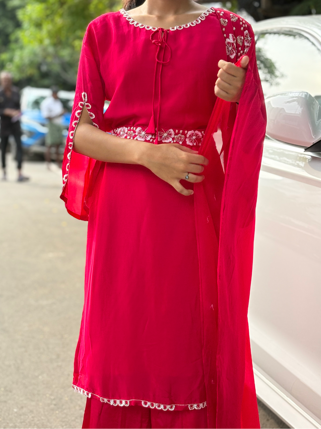 Dark Pink Handcrafted Belted Silk Ensemble
