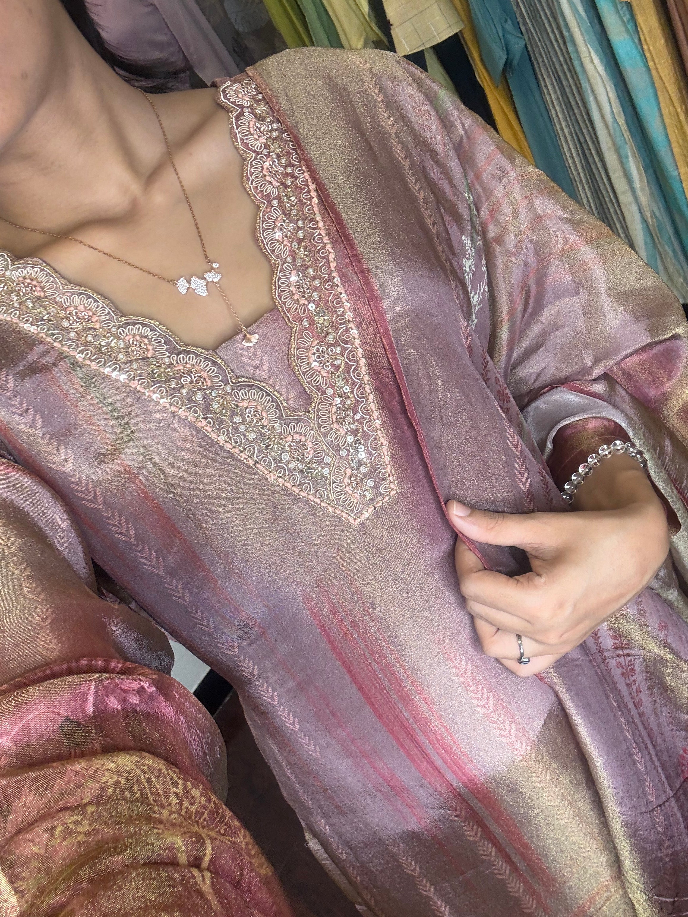 Golden Glow Maroon Tissue Silk Suit