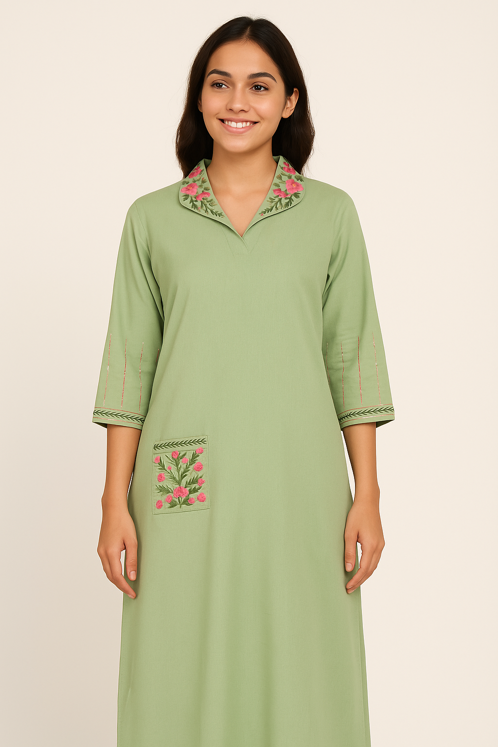 Pastel Bloom Embroidered Pocket Kurta