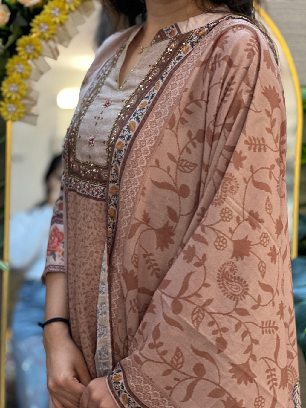 Blush Beige Floral Printed Suit Set with Dupatta
