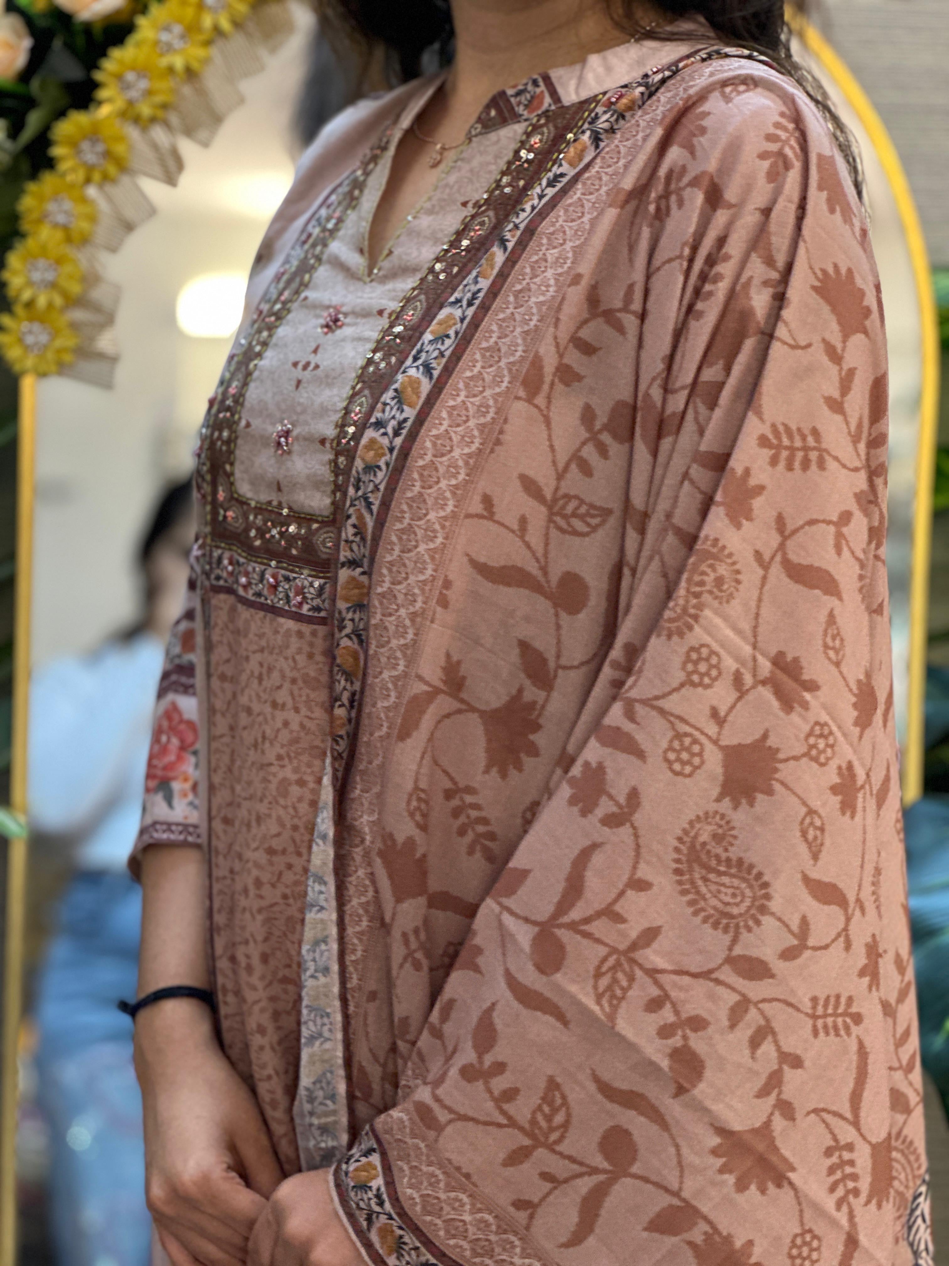 Blush Beige Floral Printed Suit Set with Dupatta