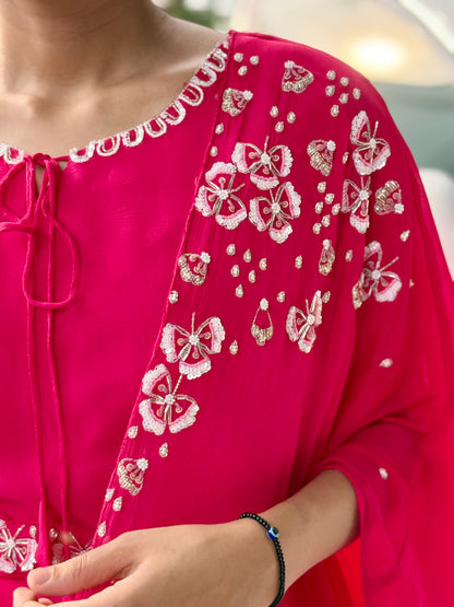 Dark Pink Handcrafted Belted Silk Ensemble