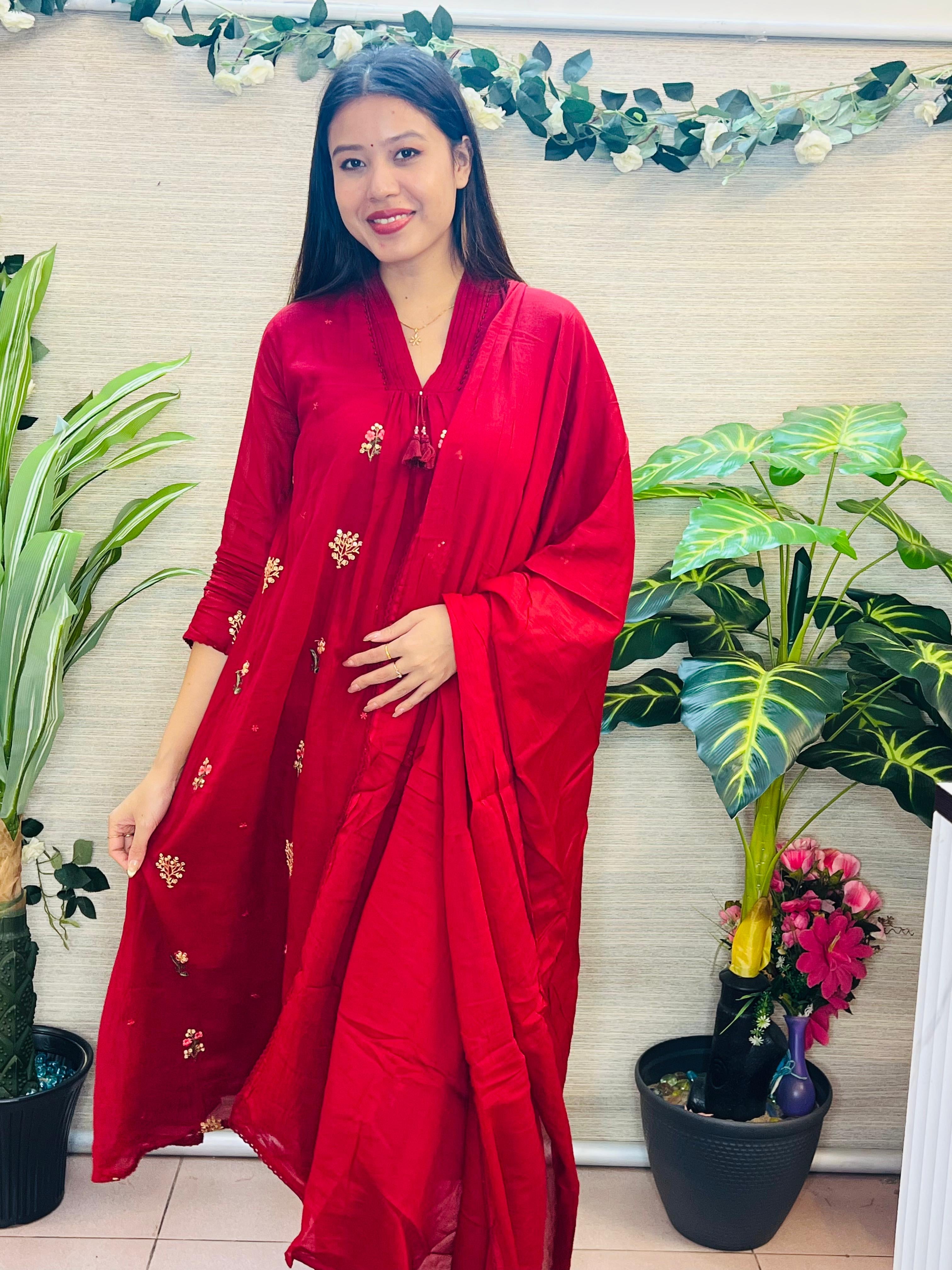 Anaya Sivappu Mul Chanderi Silk Suit Set