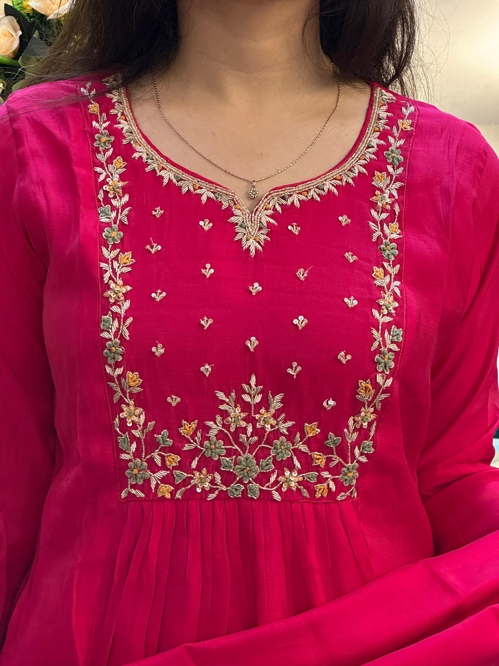 Rani Pink Embroidered Anarkali Kurti Set with Dupatta