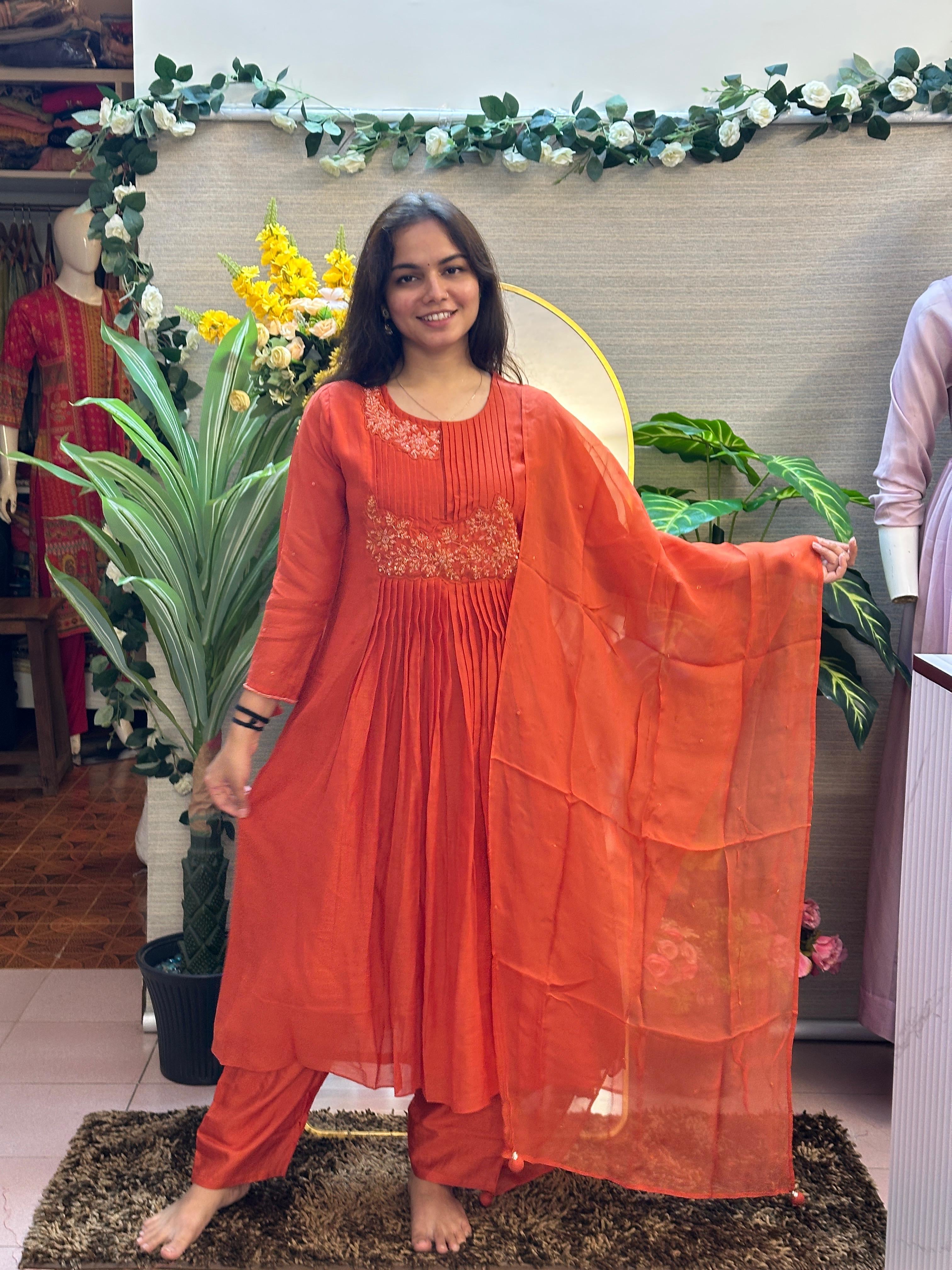 Rust Orange Embroidered Anarkali Kurti Set with Dupatta