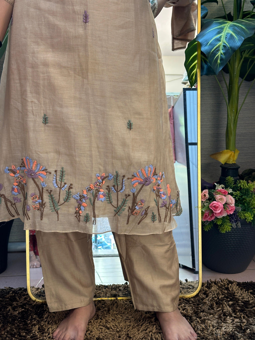 Warm Beige Embroidered Straight Kurti Set with Dupatta