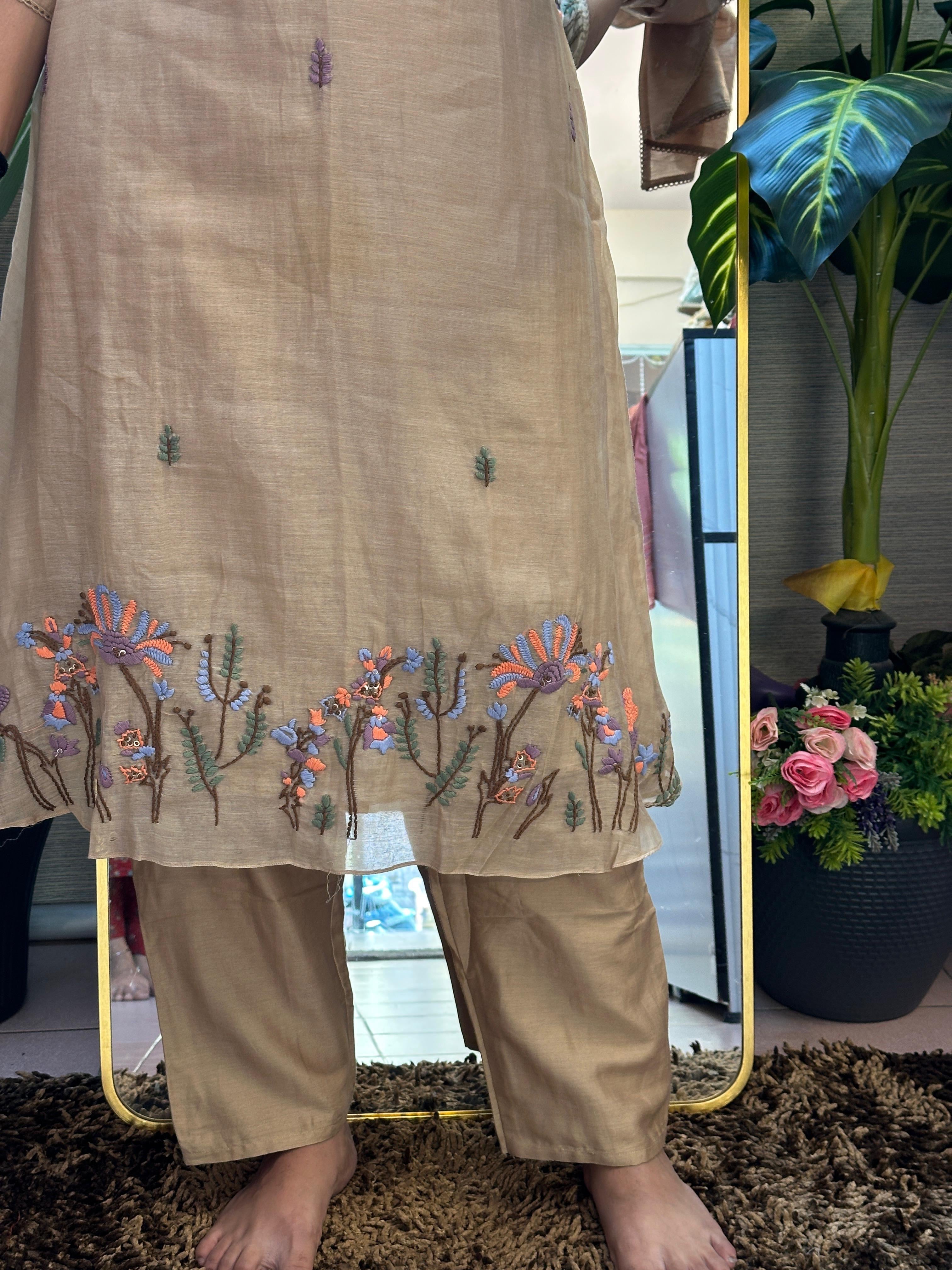 Warm Beige Embroidered Straight Kurti Set with Dupatta