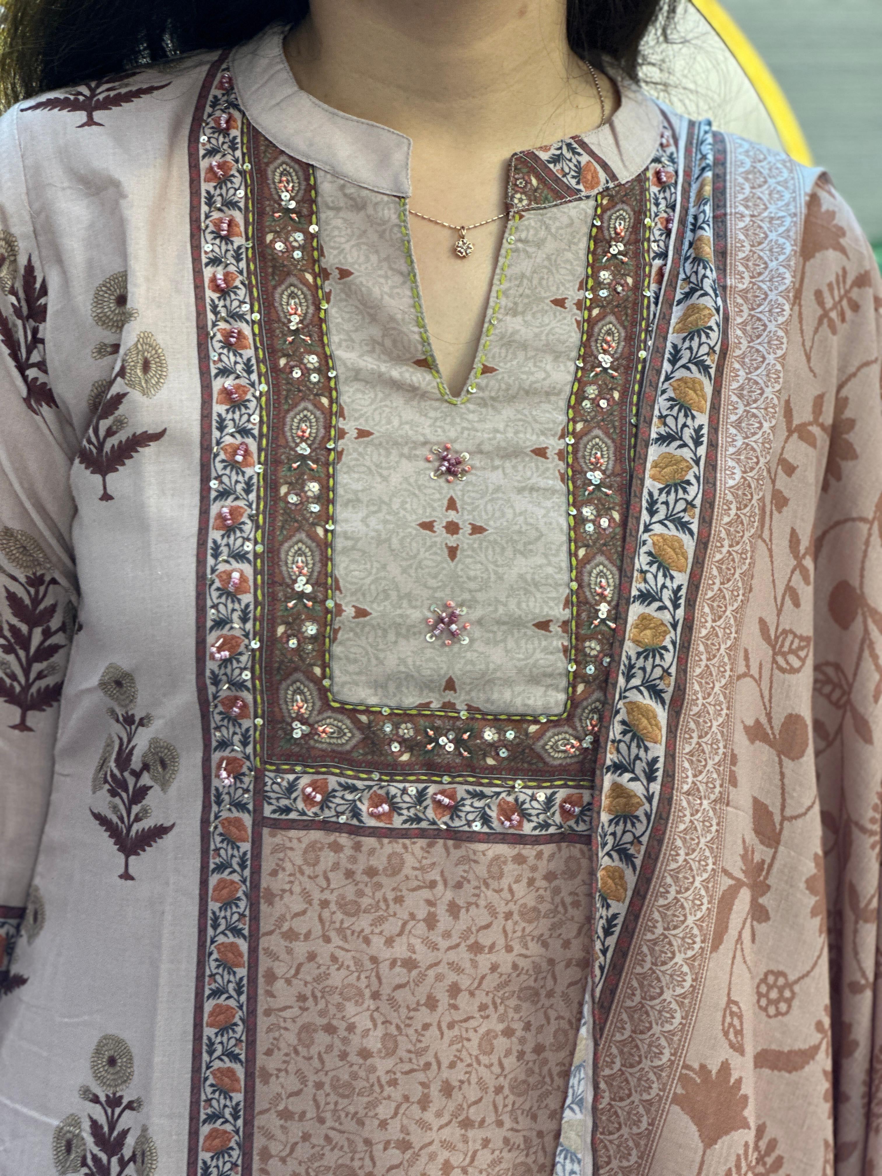 Blush Beige Floral Printed Suit Set with Dupatta